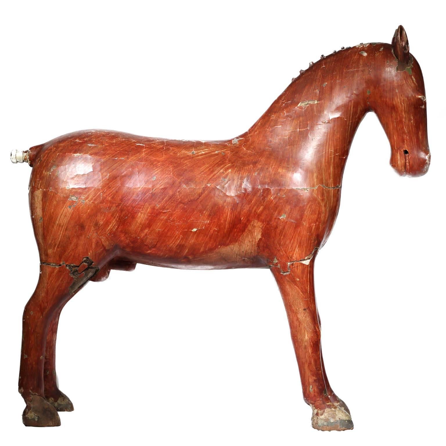 19th Century Distressed Painted Wooden Figure of a Horse