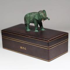 Early 20th Century Gold Embossed Leather Box with Hand-Painted Elephant Handle