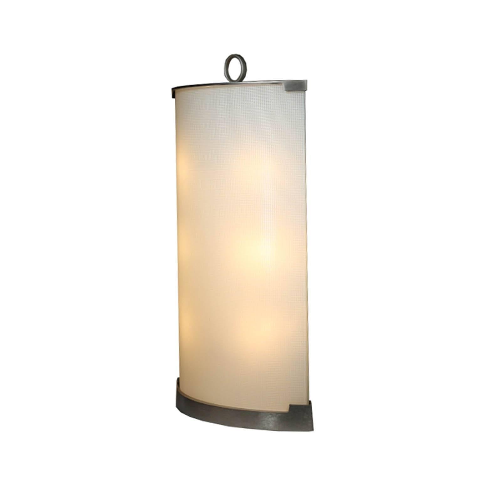 Brushed nickel top and base with textured glass by Fontana Arte. The lamp features a handle of top and six chandelier bulbs inside.