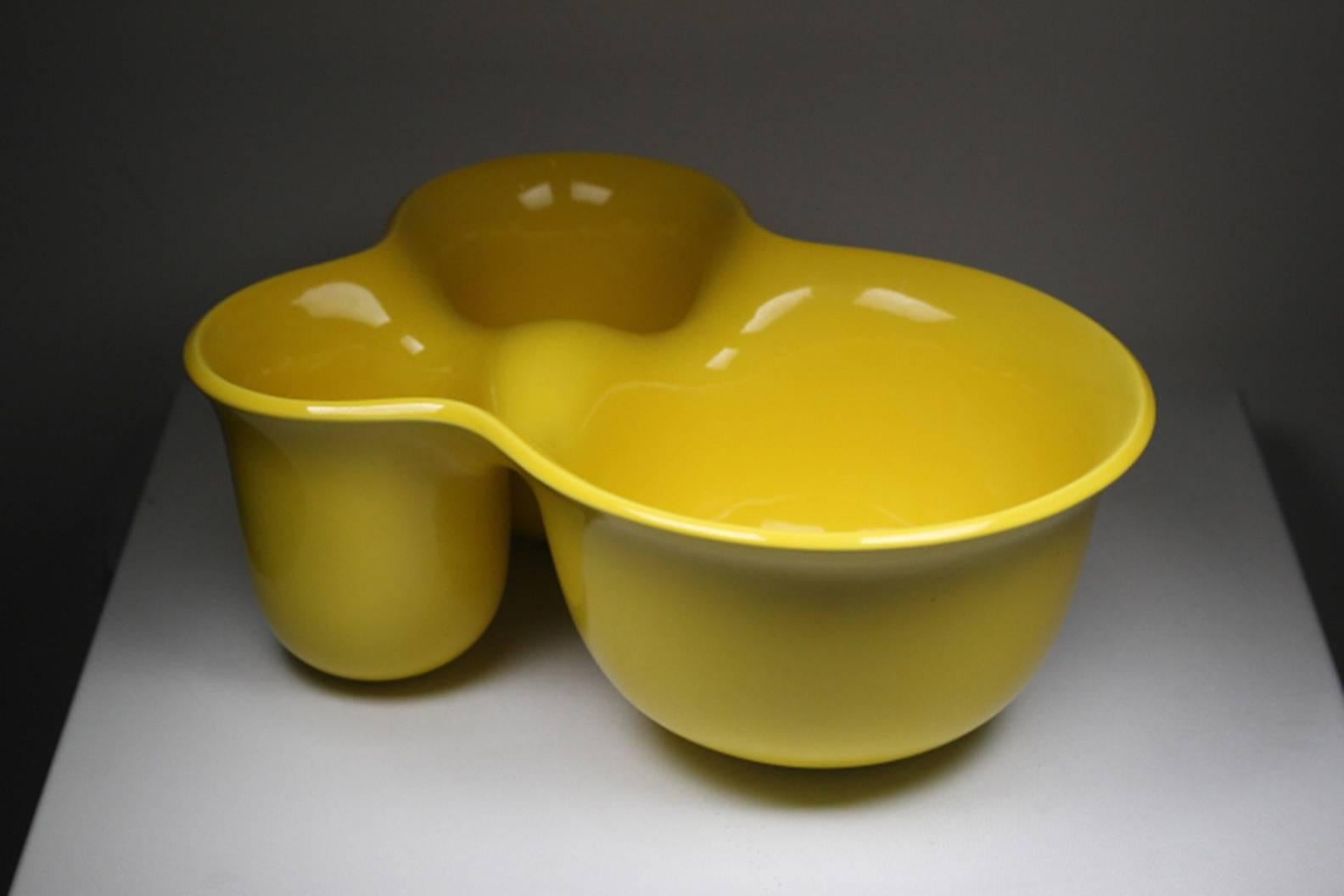 Vibrant glazed ceramic bowl, handcrafted in Italy with three sections. Perfect for the kitchen or a great pop of color in a living space.