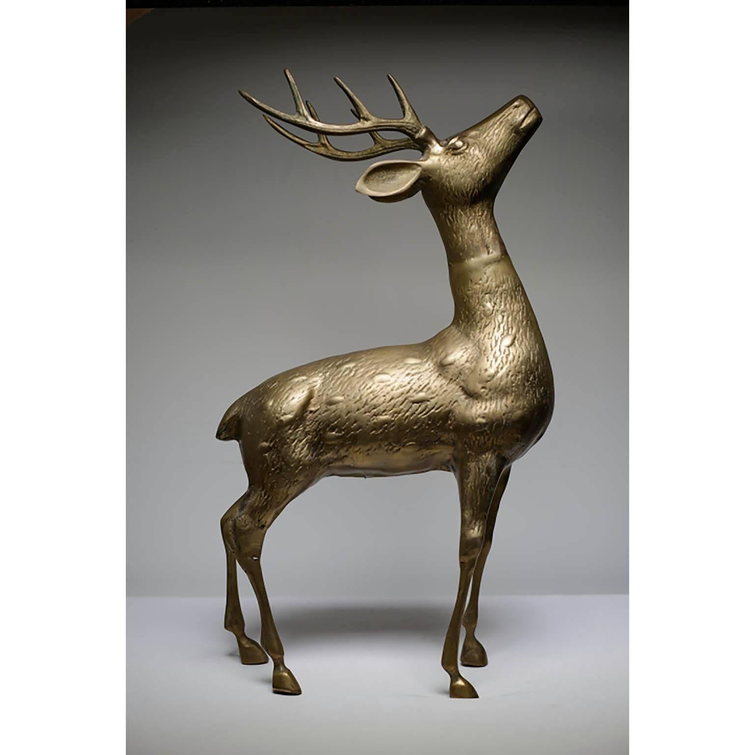 Large Mid-Century Brass Deer with Antlers In Excellent Condition In San Francisco, CA