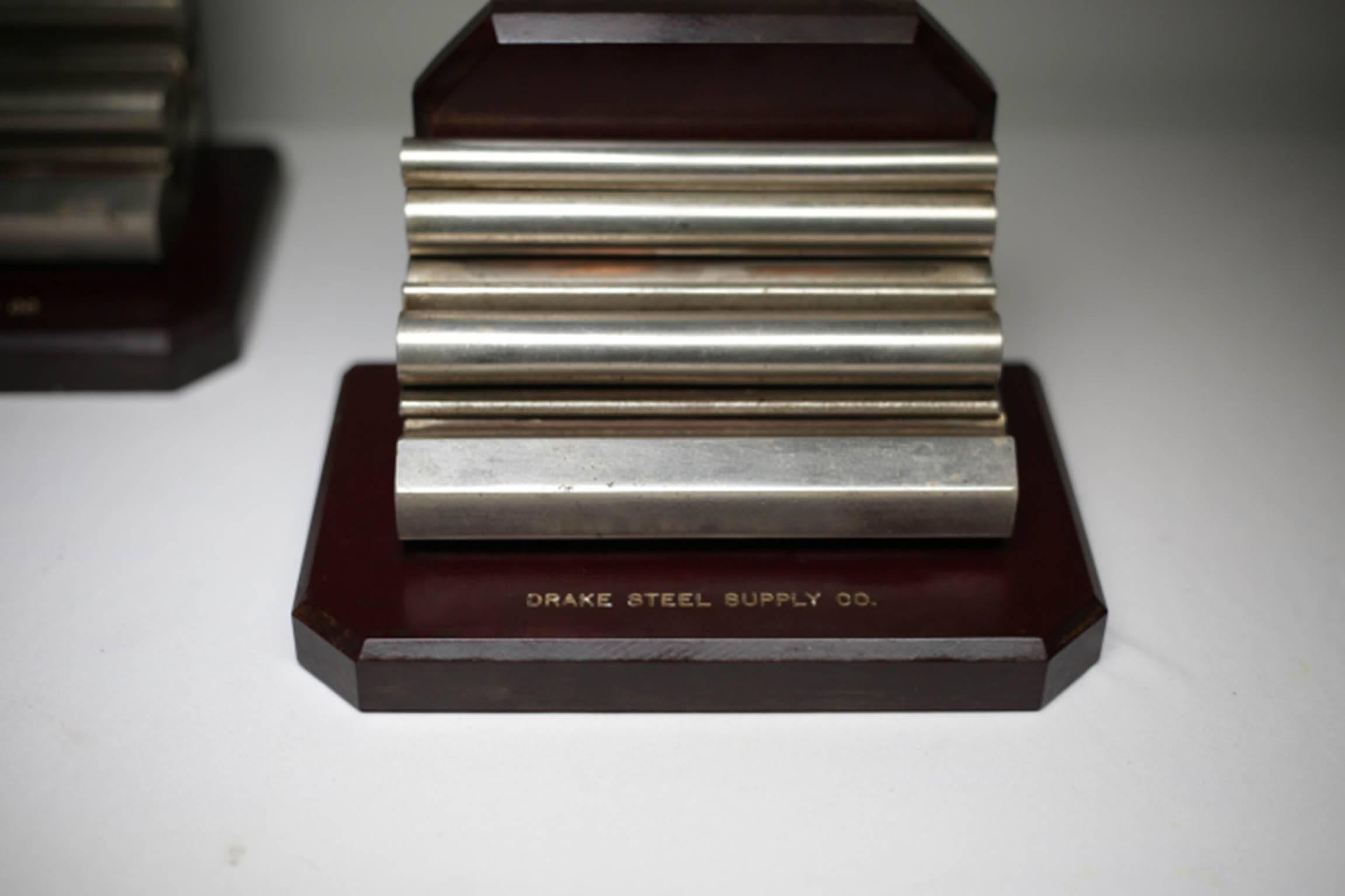 Drake Steel Supply Company Vintage Wood and Steel Bookends, circa 1930s In Excellent Condition In San Francisco, CA