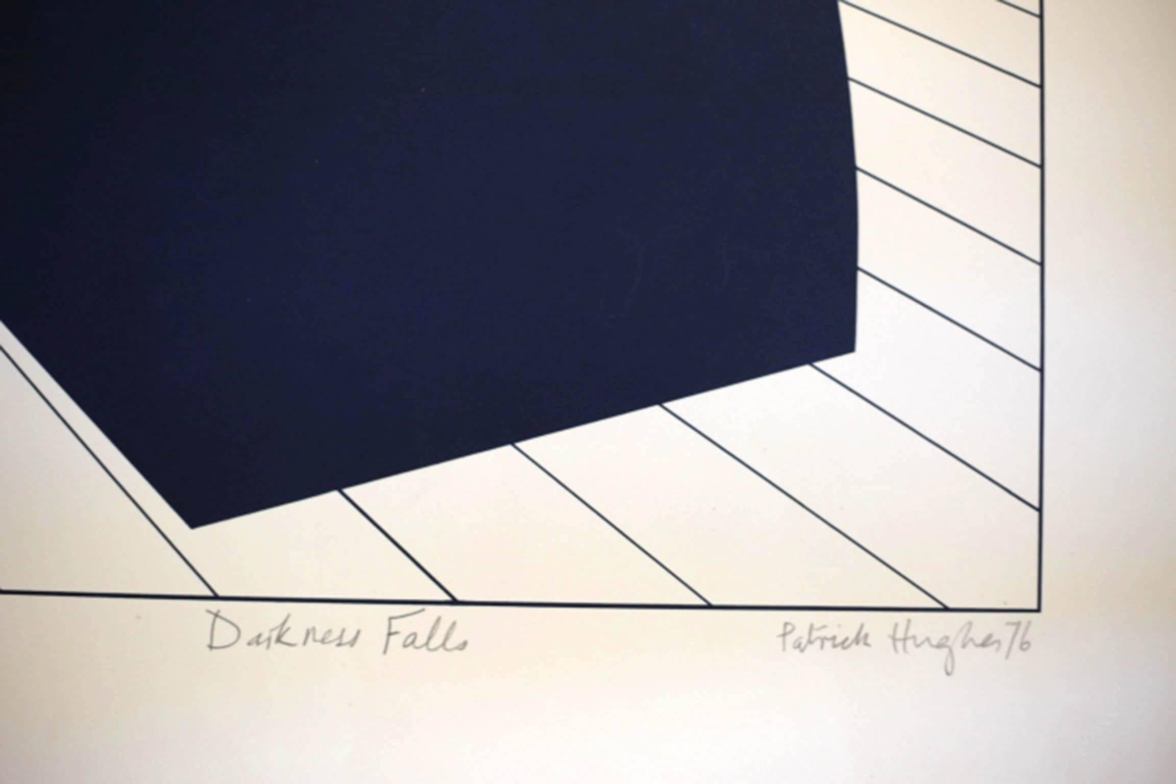Artist: Patrick Hughes, British (1939)
Title: Darkness Falls
Year: 1976
Medium: Silkscreen, signed and numbered in pencil #33/100
Unframed.