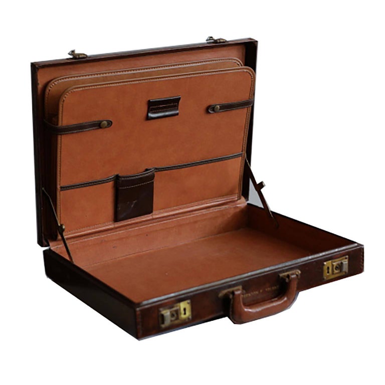 Midcentury HandStitched Leather and Brass Briefcase, circa 1970 For Sale at 1stDibs
