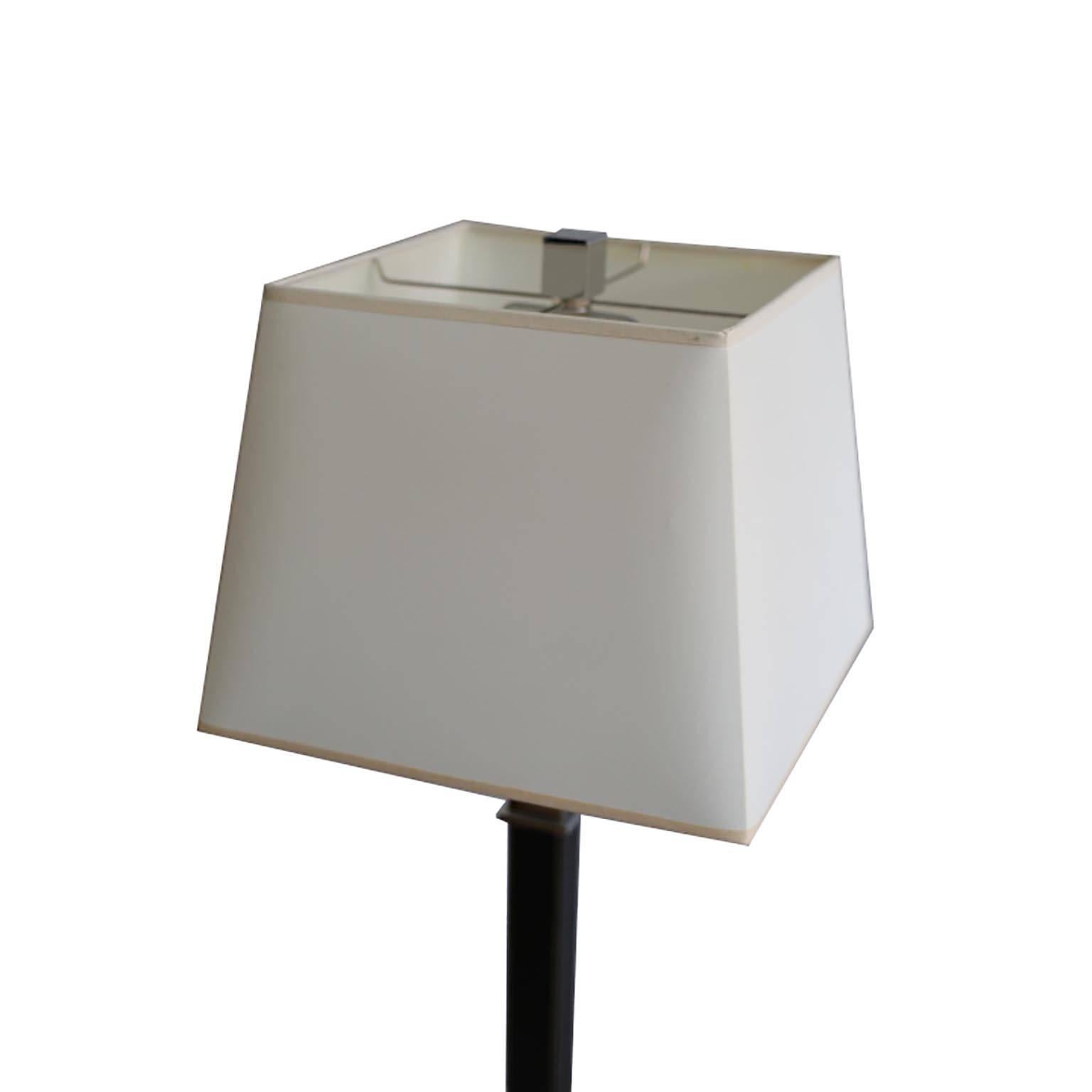 Adjustable Ralph Lauren polished nickel and leather wrapped table lamps.
Measure: Max height 30