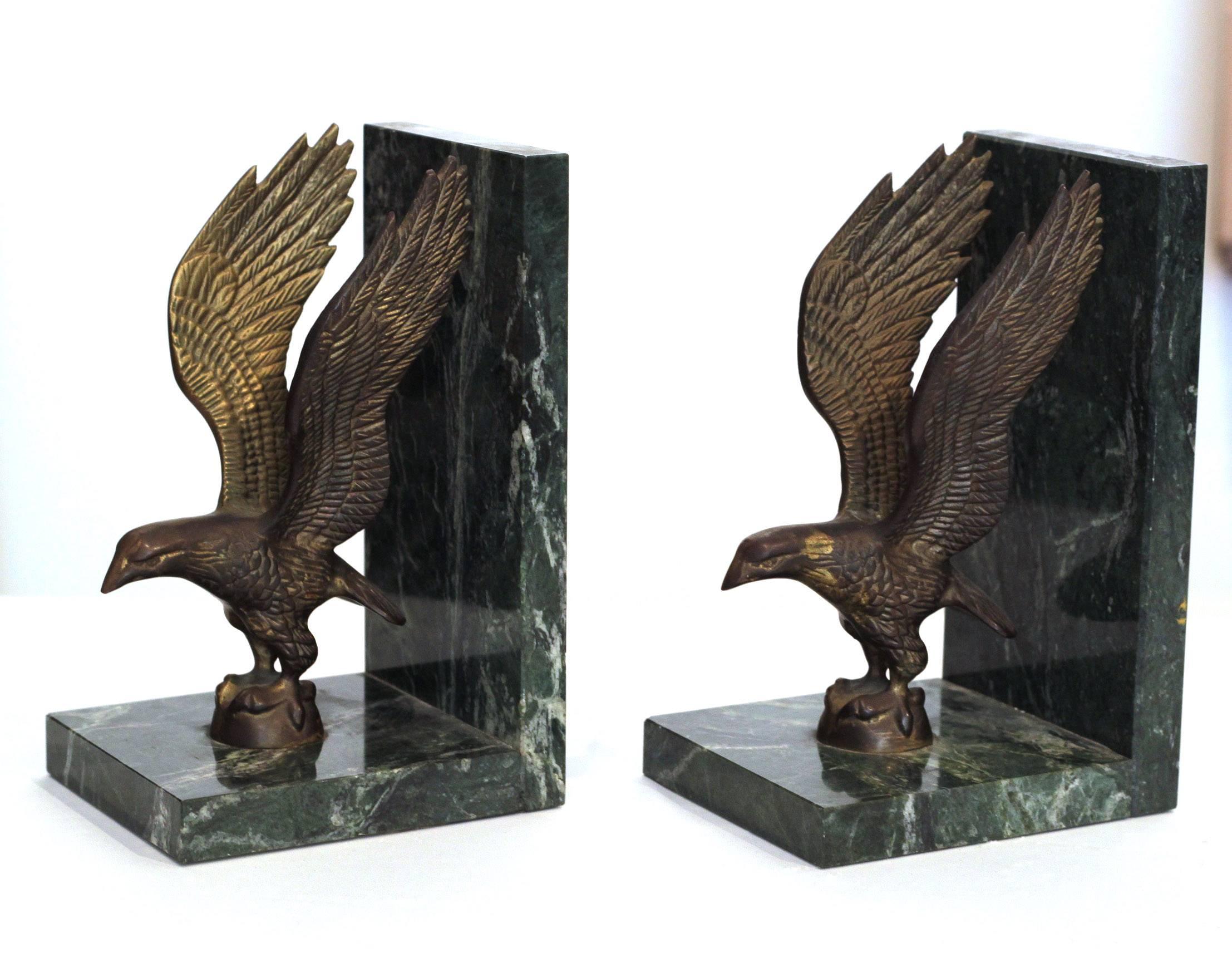 Pair of Brass and Marble Eagle Bookends In Excellent Condition In San Francisco, CA