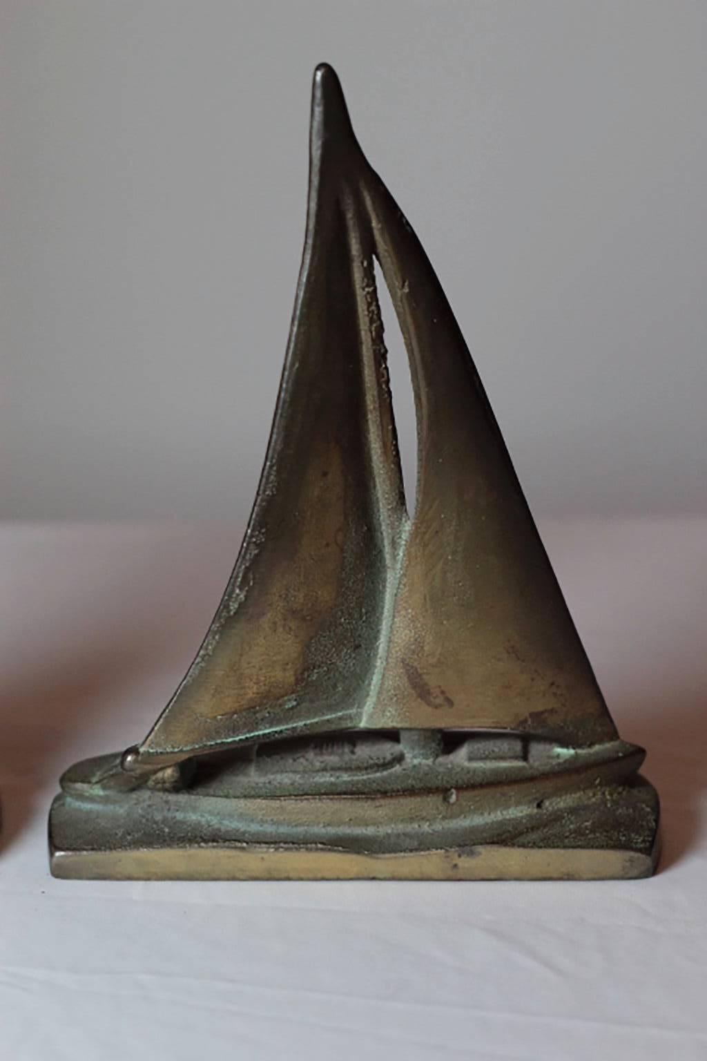 Patinated Pair of Early 20th Century, Solid Bronze Sailboat Bookends