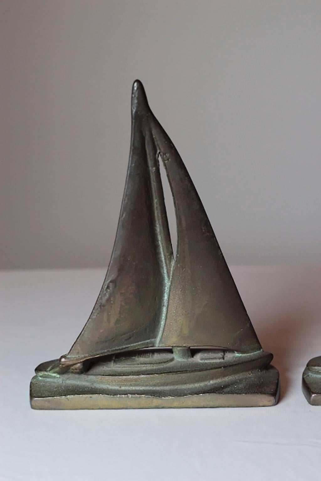 Pair of Early 20th Century, Solid Bronze Sailboat Bookends In Excellent Condition In San Francisco, CA