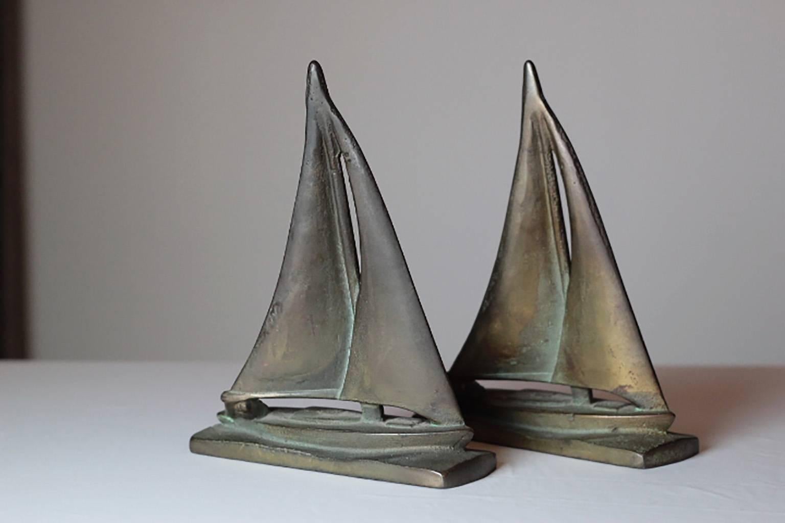 Pair of Early 20th Century, Solid Bronze Sailboat Bookends 1