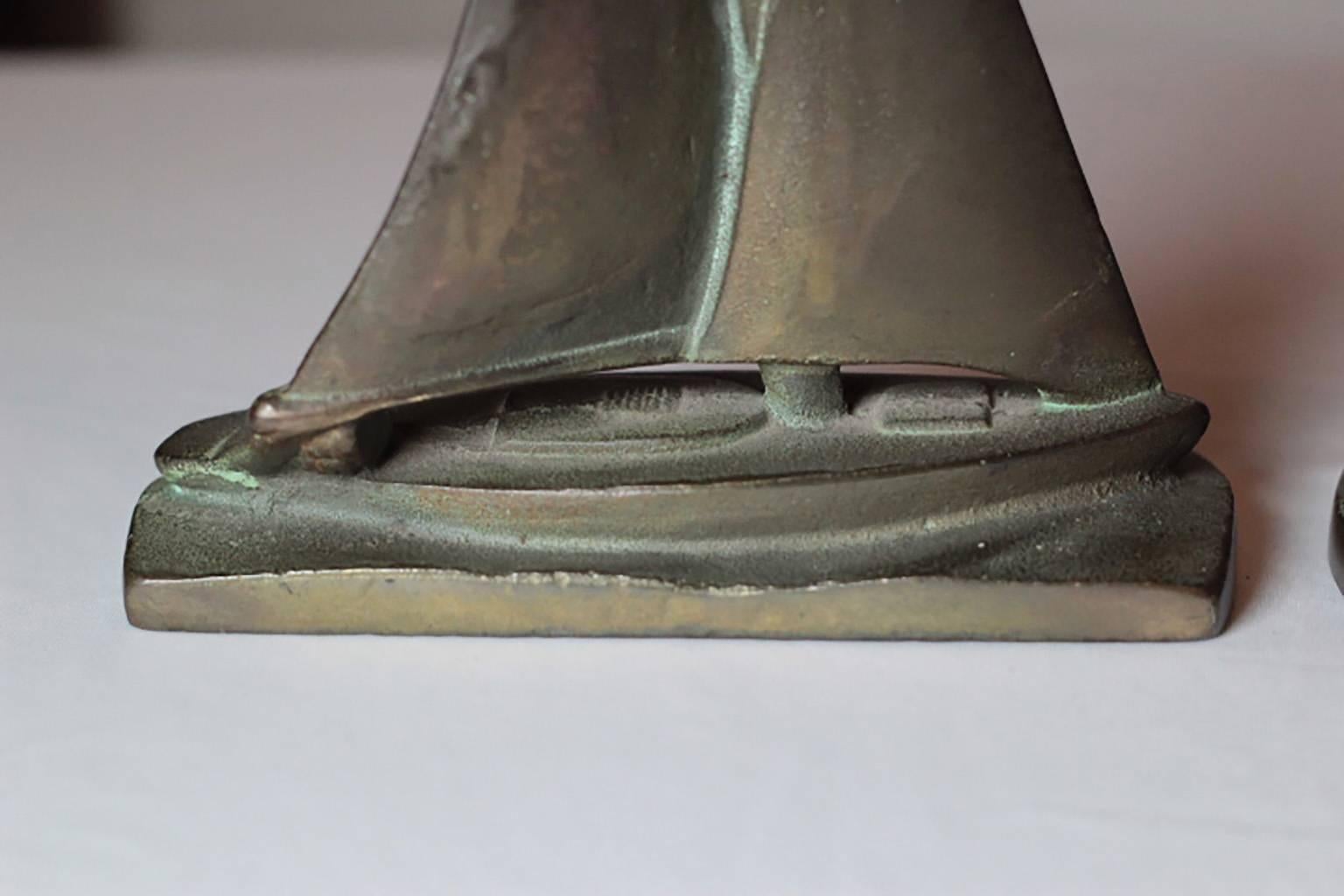 American Pair of Early 20th Century, Solid Bronze Sailboat Bookends