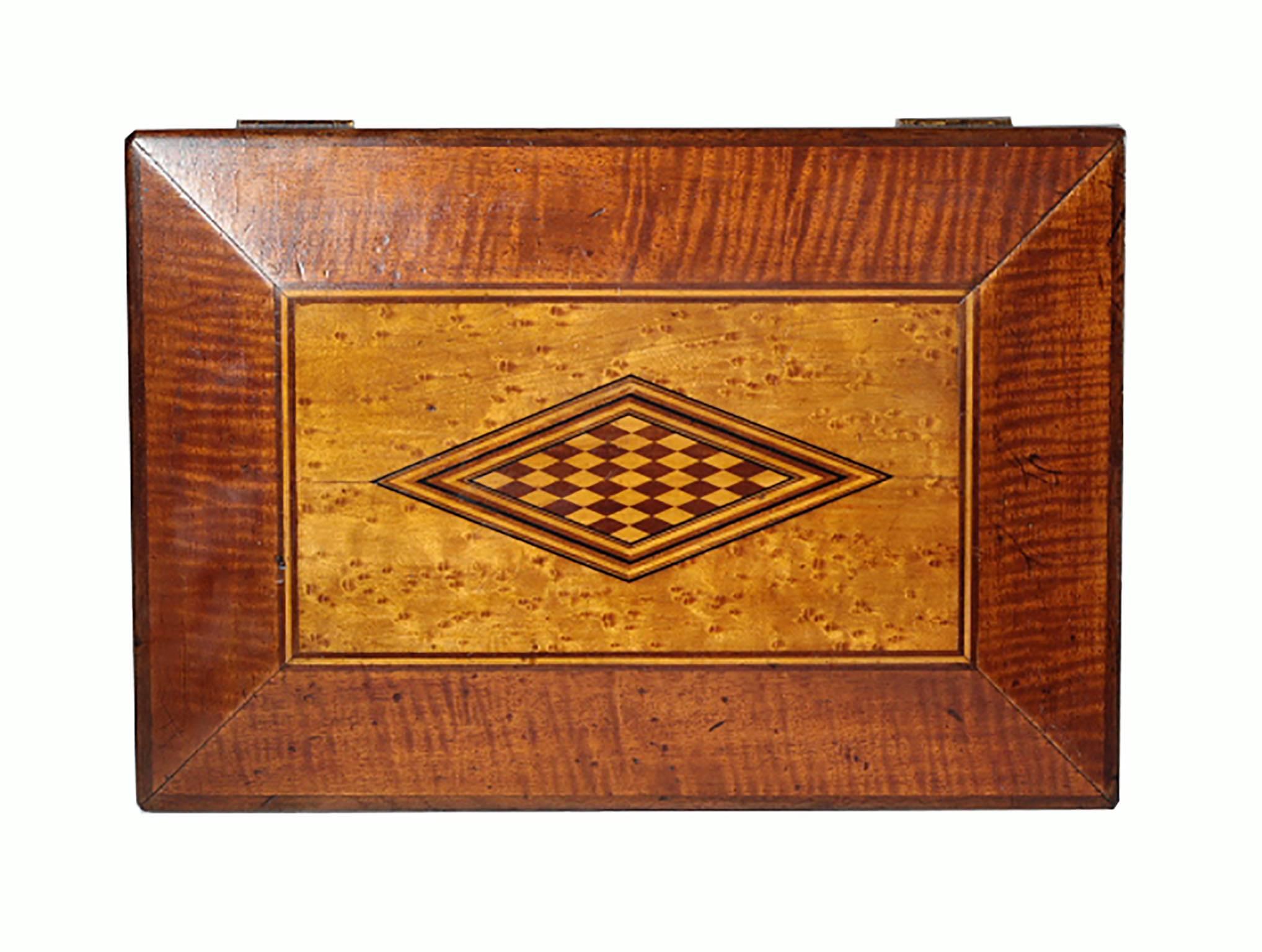 Inlaid English Mahogany and Maple box with dovetail joints and fitted interior. Possibly a writer's case or sewing box. .