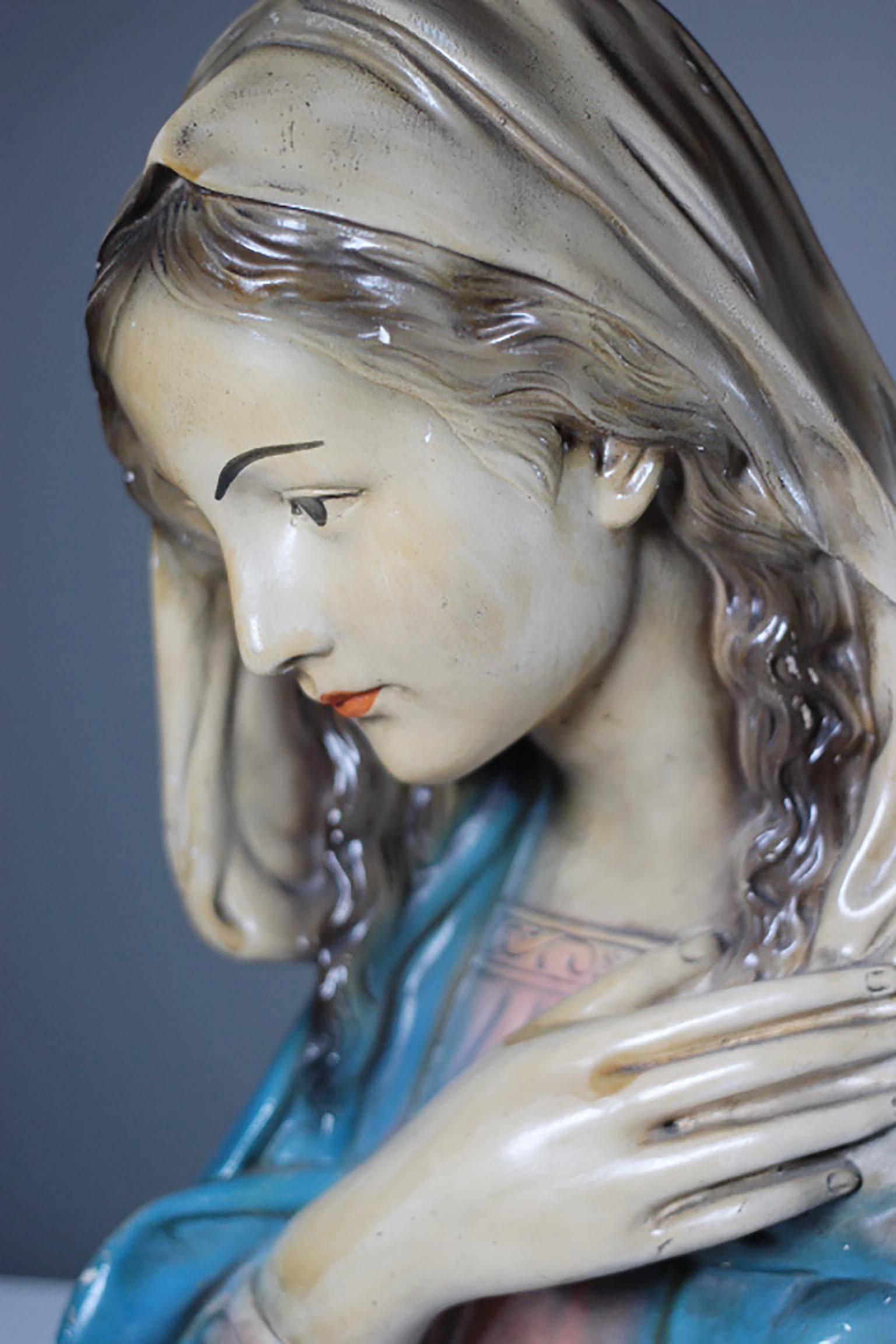 Plaster bust of the Virgin Mary, circa 1950s. Made in Belgium. 