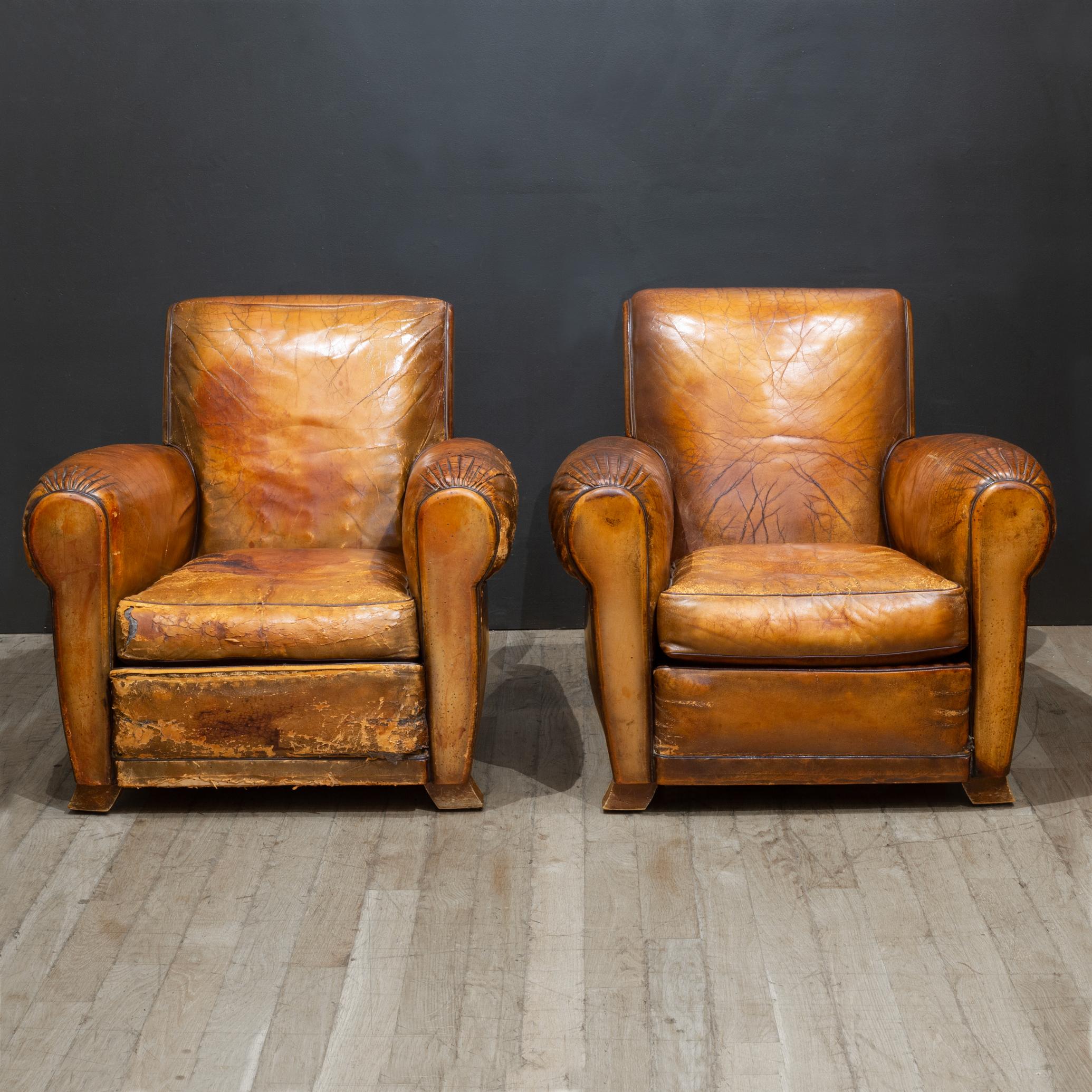 Industrial Pair of Distressed Leather Club Chairs c.1930 For Sale