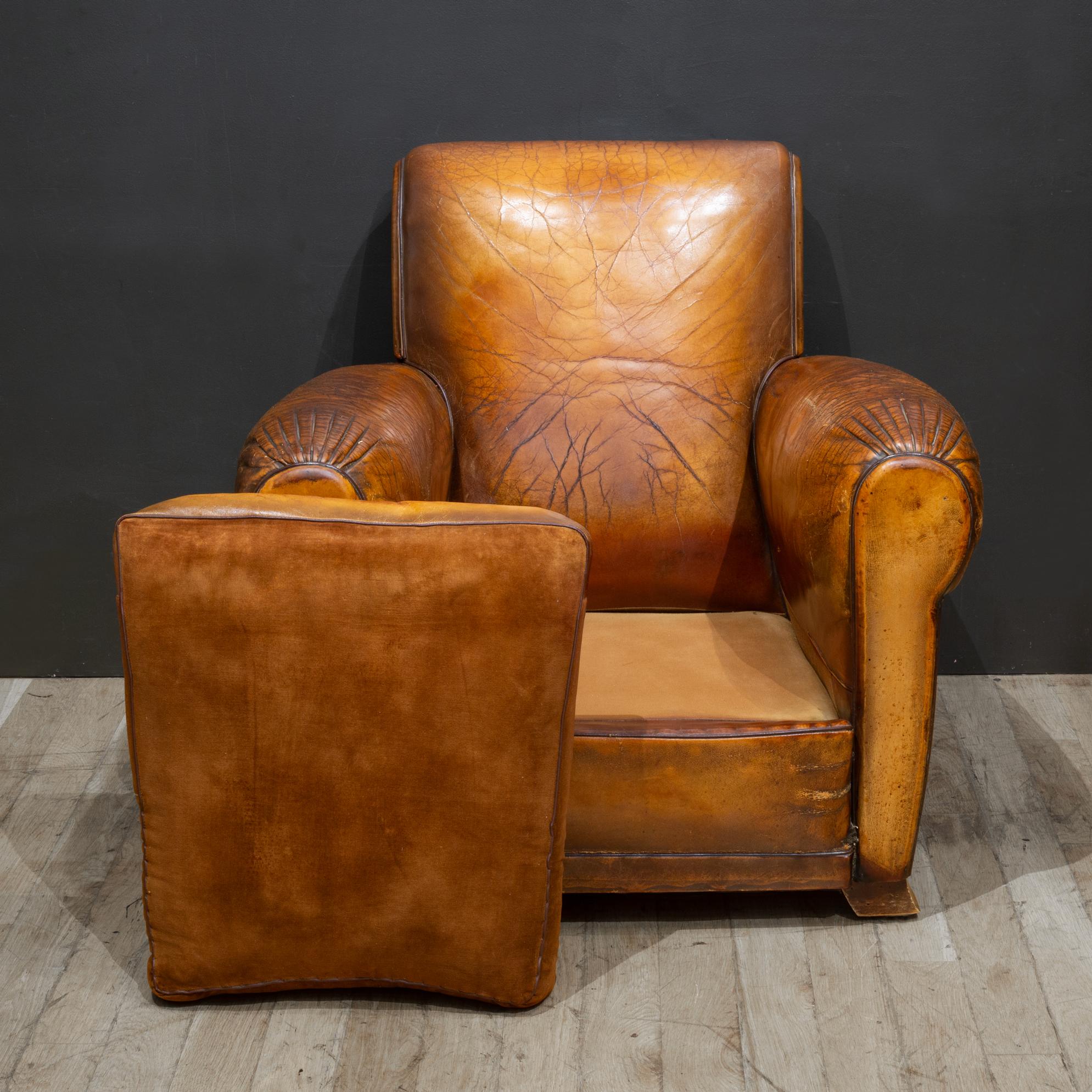 Pair of Distressed Leather Club Chairs c.1930 For Sale 5