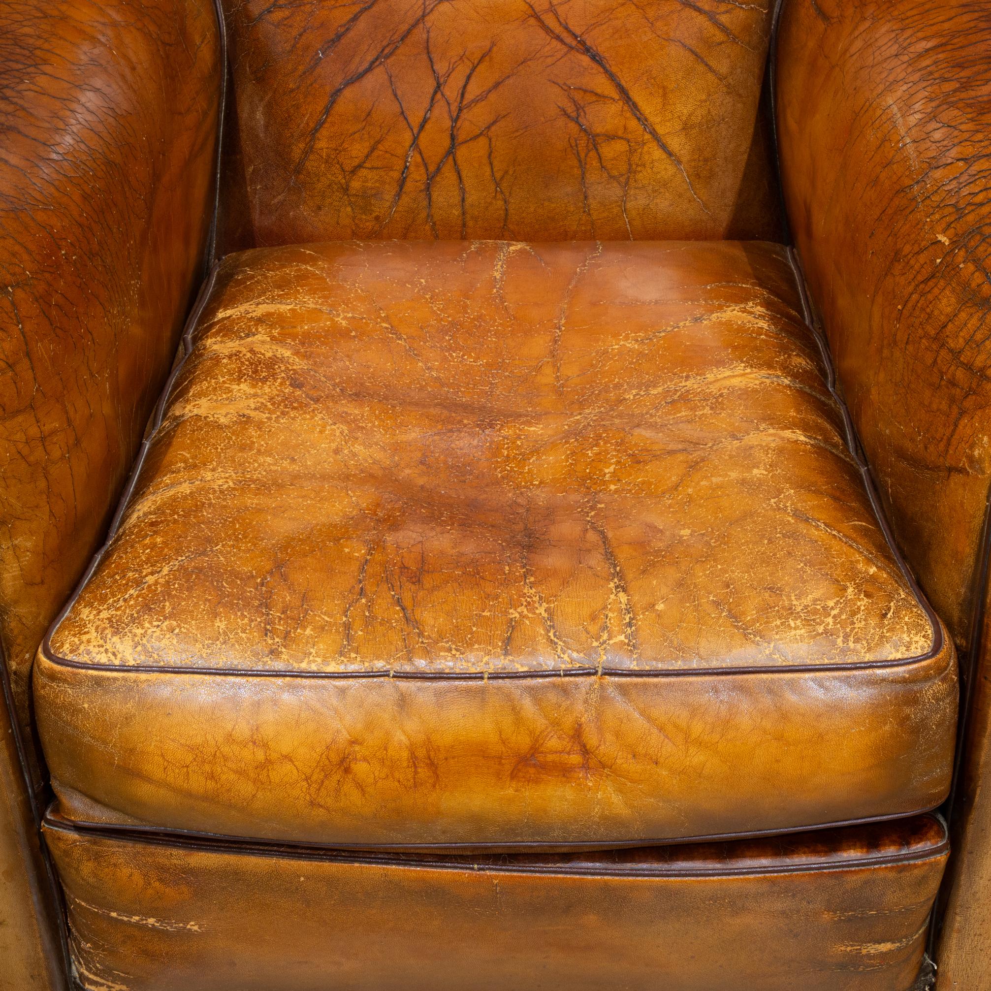 Metal Pair of Distressed Leather Club Chairs c.1930 For Sale