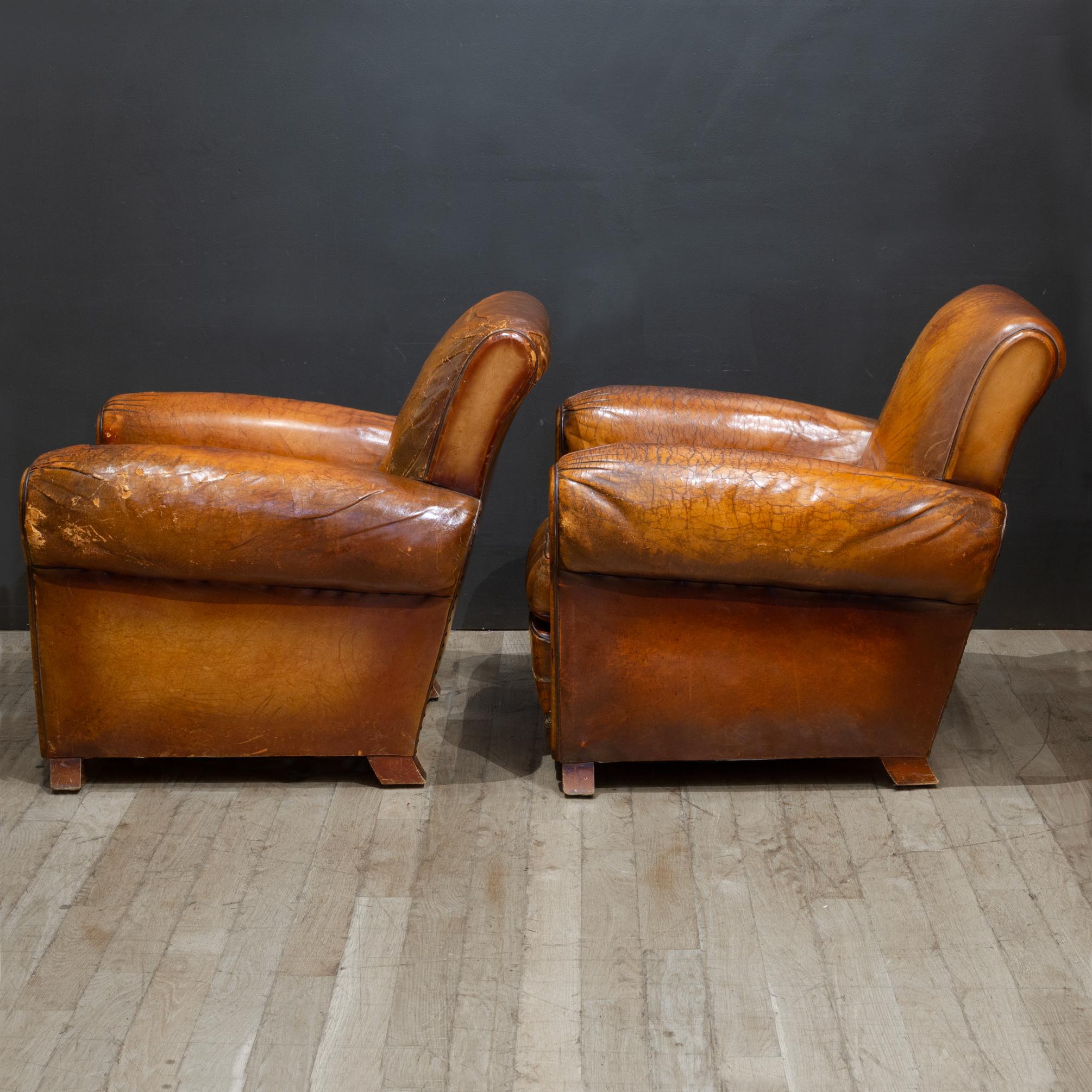Pair of Distressed Leather Club Chairs c.1930 For Sale 2