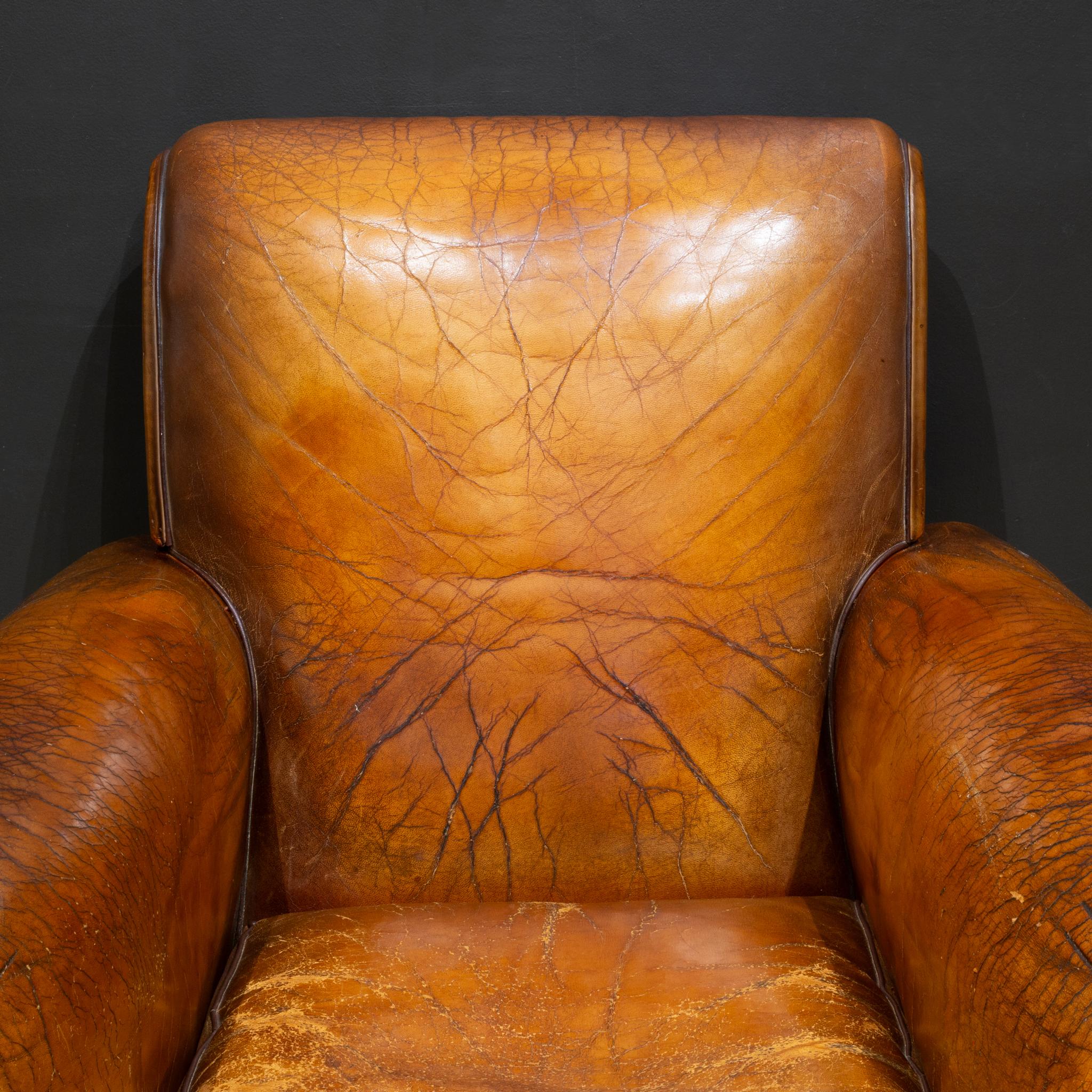 20th Century Pair of Distressed Leather Club Chairs c.1930 For Sale