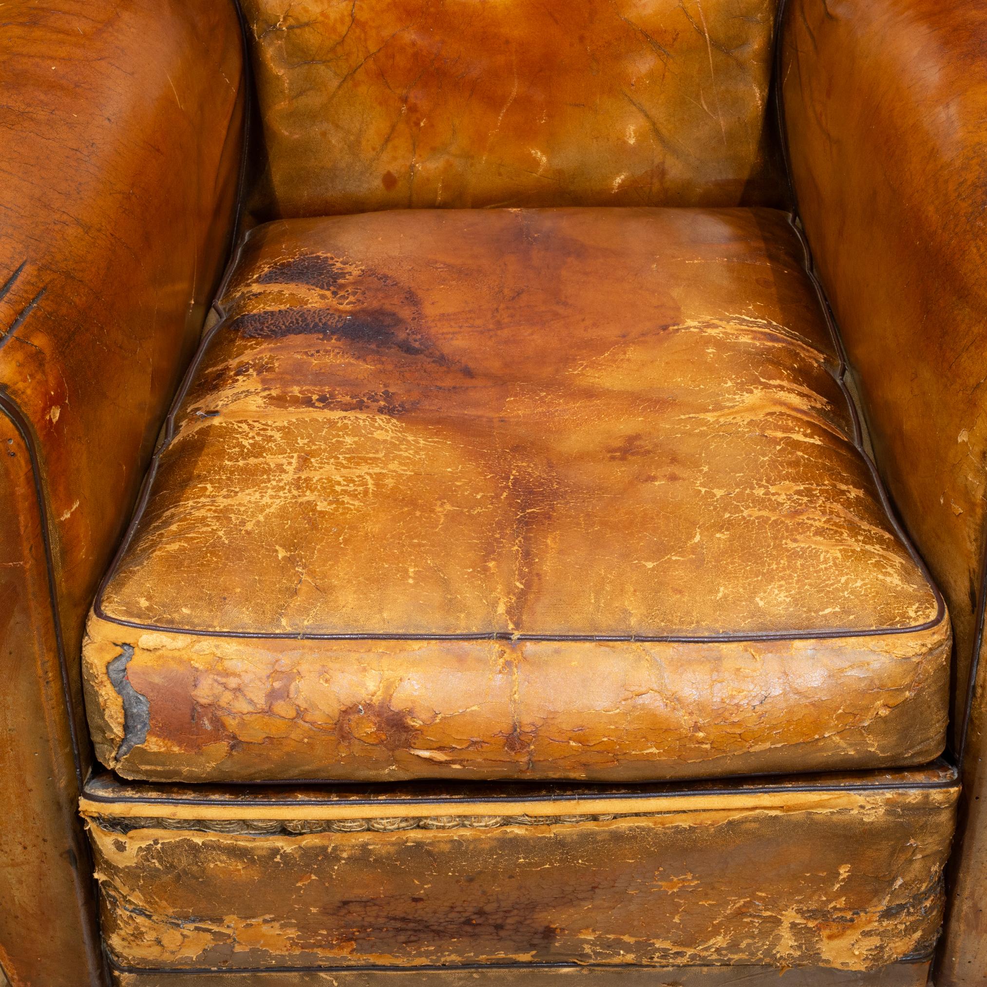 Pair of Distressed Leather Club Chairs c.1930 For Sale 1