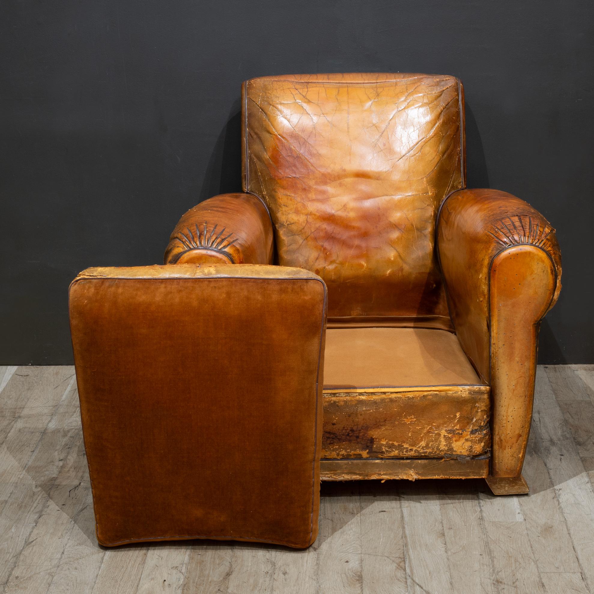 Pair of Distressed Leather Club Chairs c.1930 For Sale 4