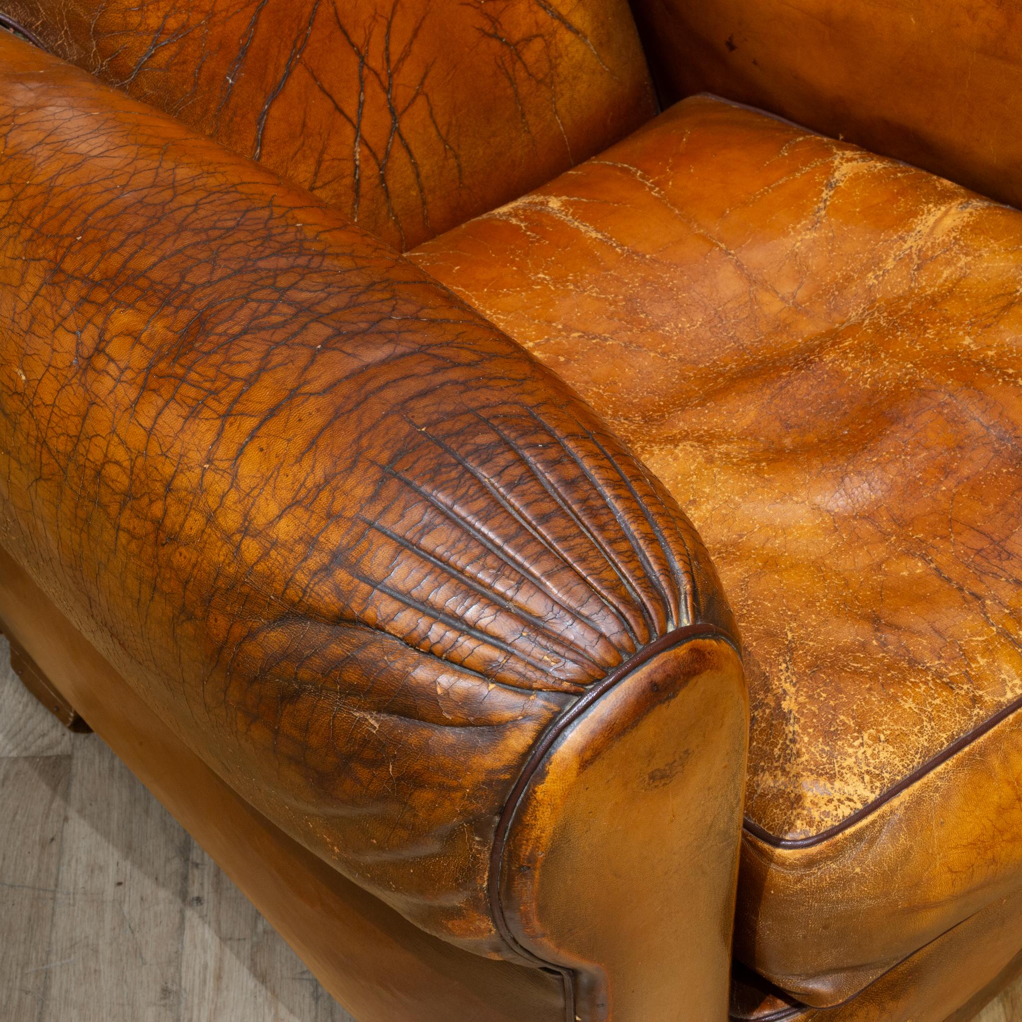 Pair of Distressed Leather Club Chairs c.1930 For Sale 6
