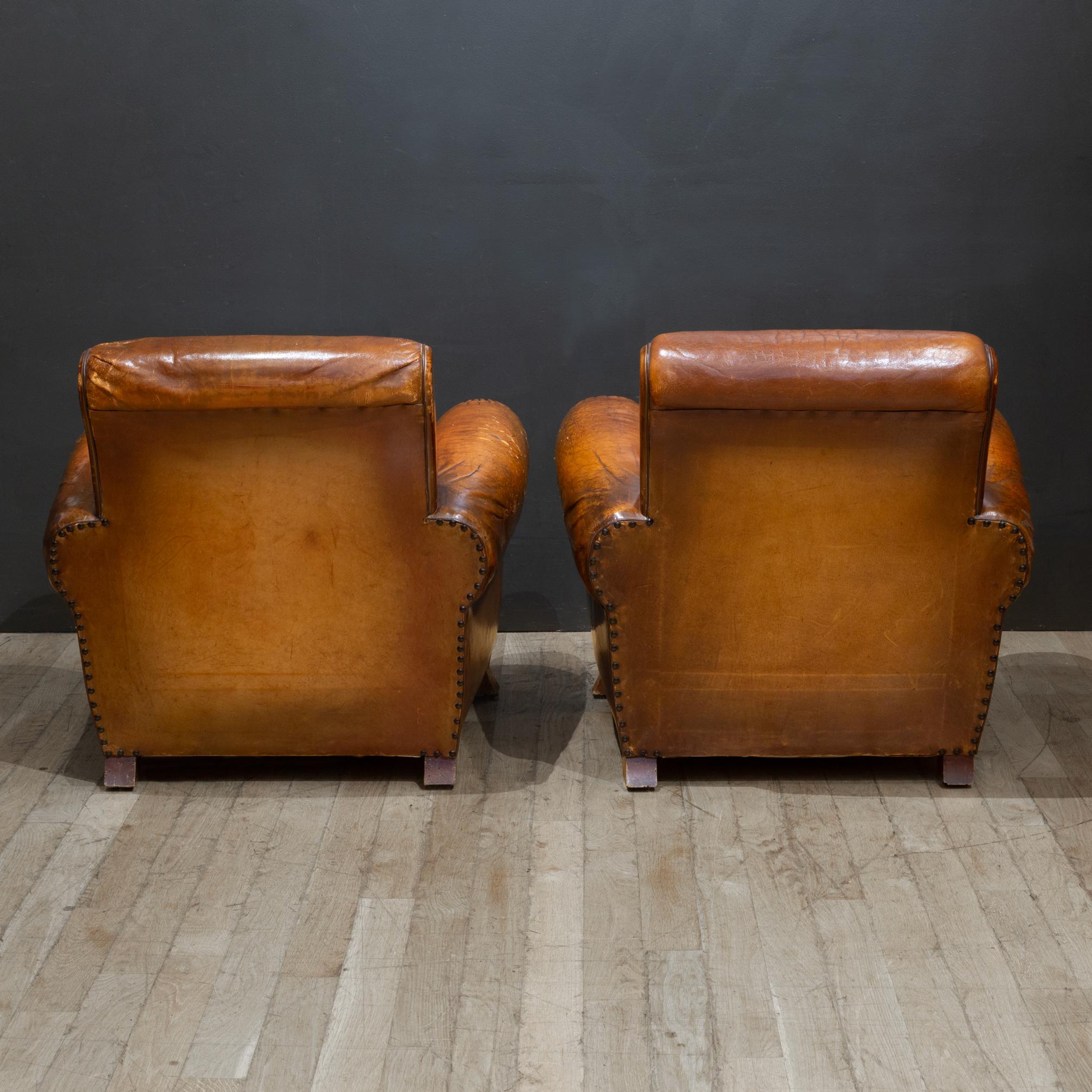 Pair of Distressed Leather Club Chairs c.1930 In Good Condition For Sale In San Francisco, CA