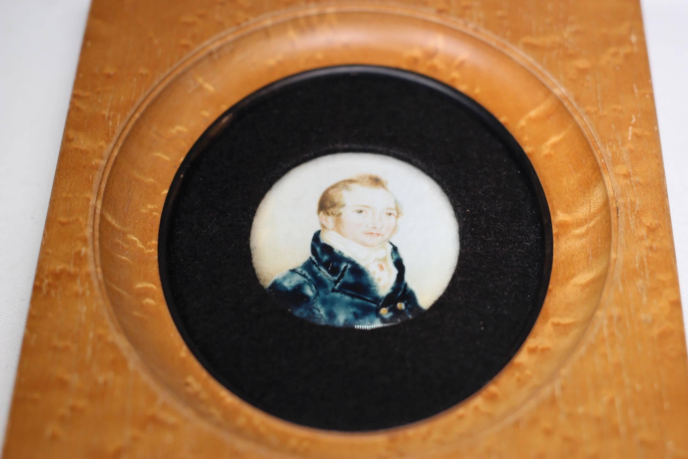 Early 19th century miniature portrait porcelain painting, Regency period. Frame appears to be newer.