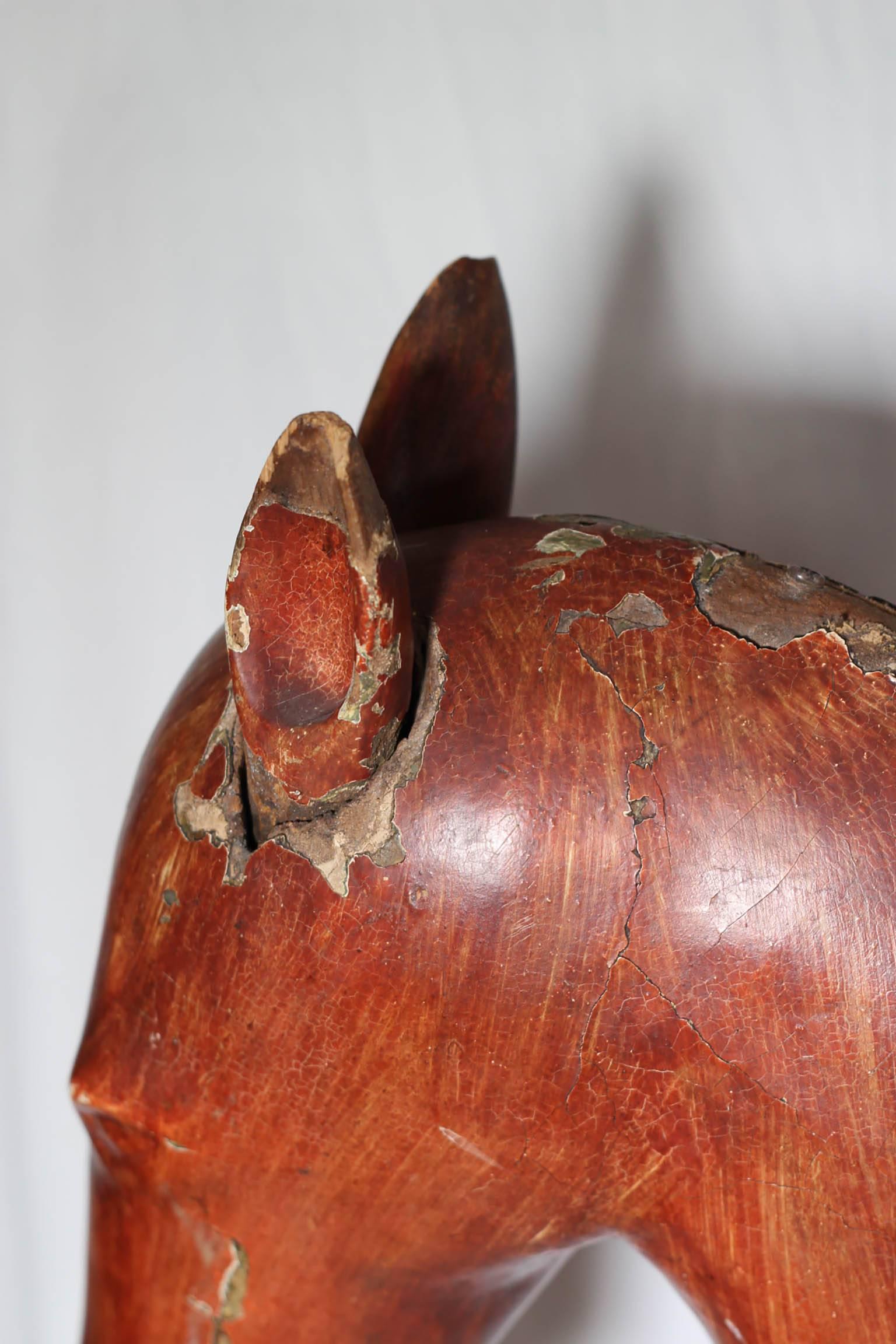 19th Century Distressed Painted Wooden Figure of a Horse In Distressed Condition In San Francisco, CA