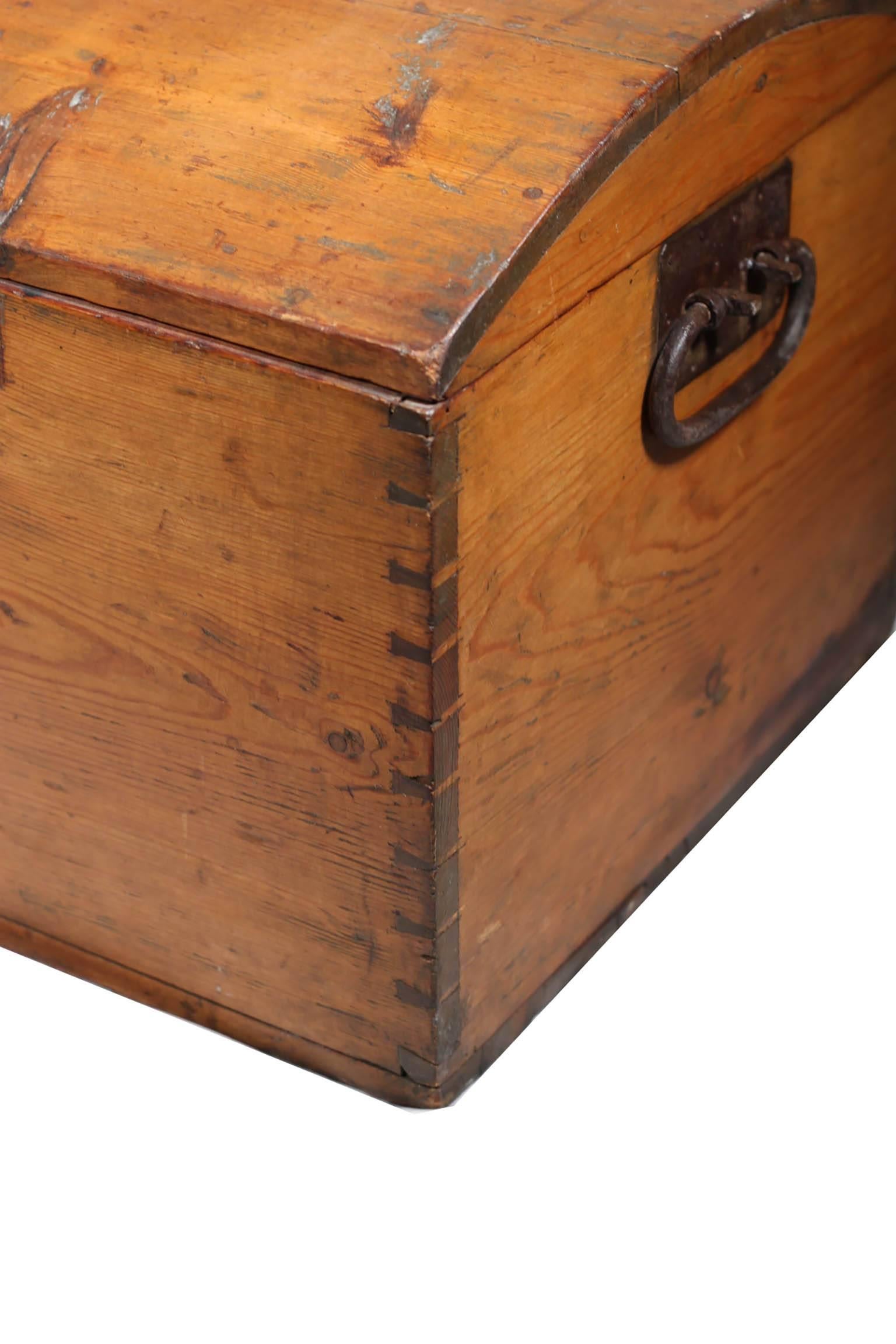 American 19th Century Wooden Trunk with Dovetail Joints