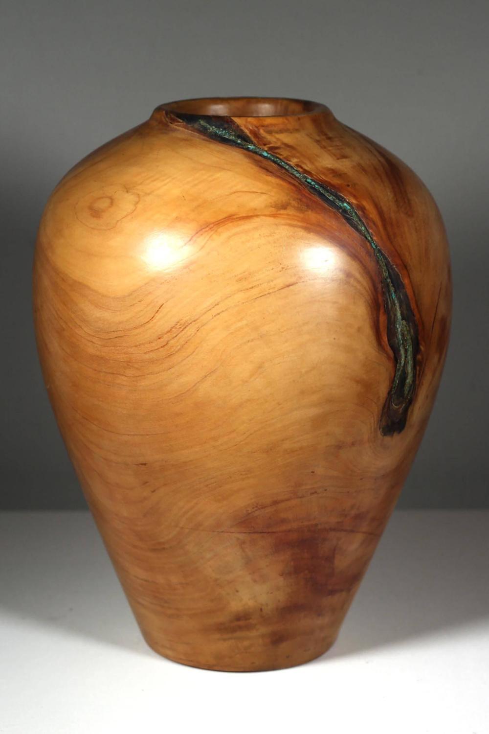 Turned Wooden Vase with Turquoise Paint Detail at 1stdibs