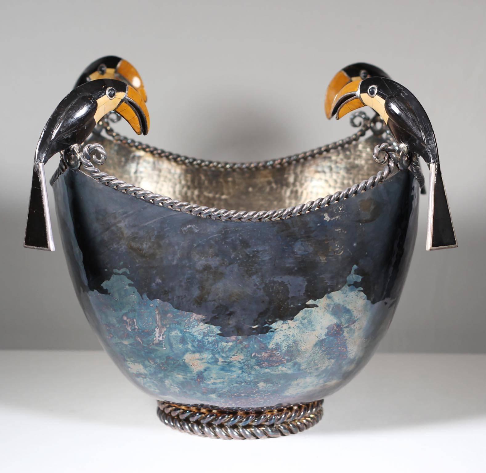 Enameled Emilia Castillo Silver Plated Mexican Toucan Pitcher and Punch Bowl