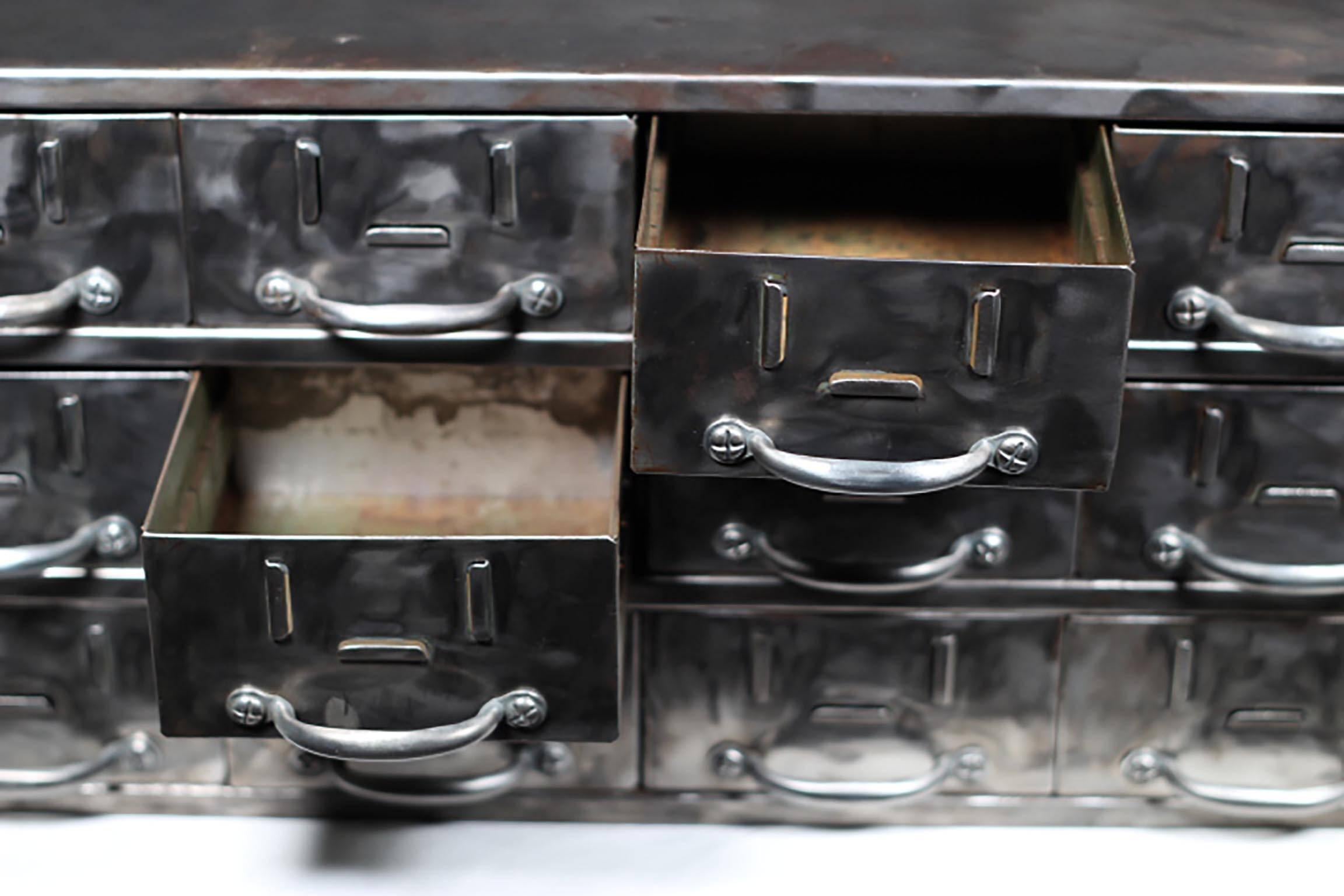 18-Drawer Brushed Steel Machinist Chest, circa 1935 In Excellent Condition In San Francisco, CA
