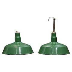 Set of Two Benjamin 16" Enameled Porcelain Green Industrial Pendant Lights c.195
