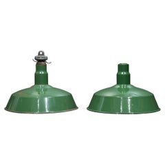 Set of Two 16" Enameled Porcelain Green Industrial Pendant Lights c.1950