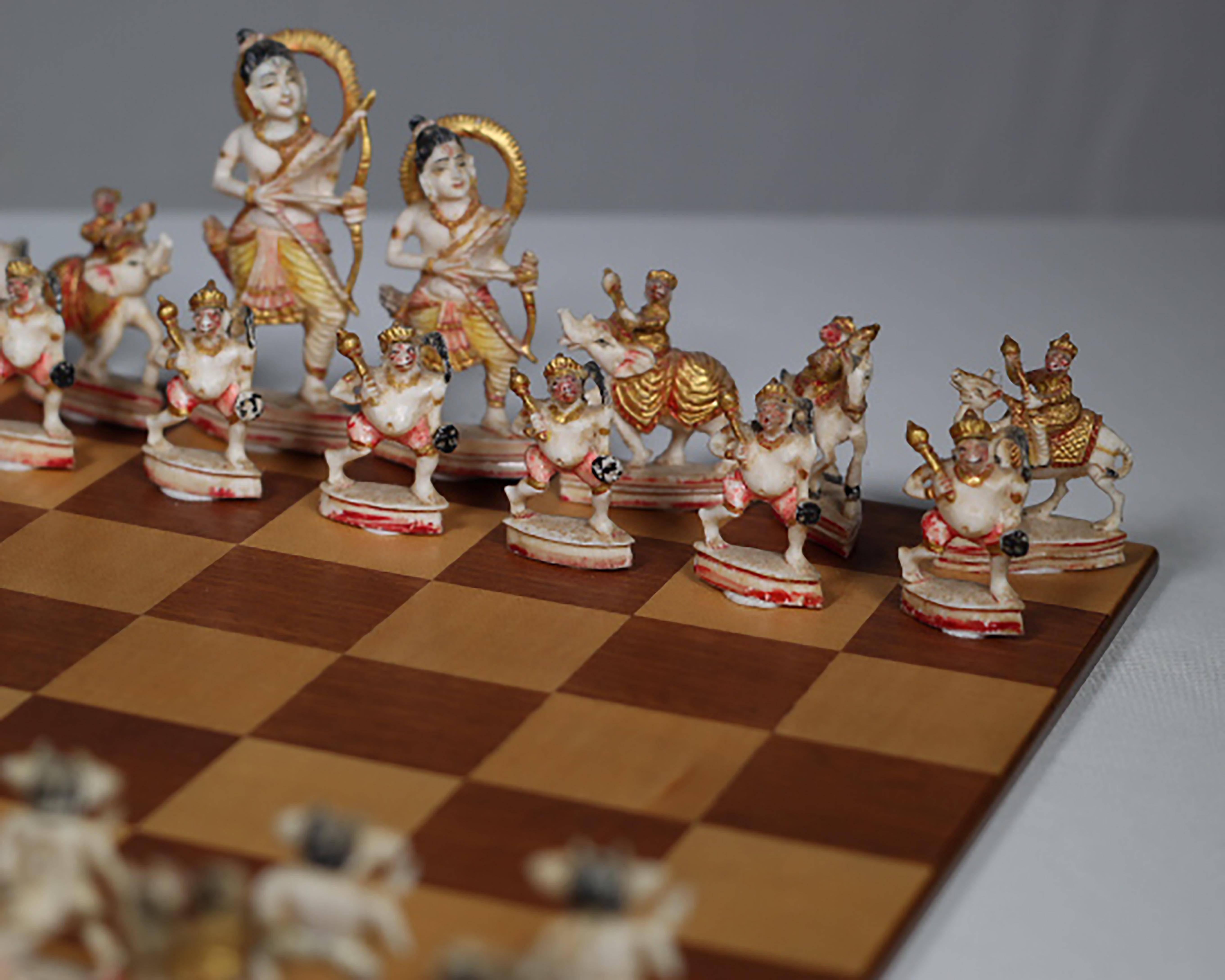 Midcentury chess set with hand-carved bone chess pieces depicting various deities and wooden chess board. Original velvet carrying case lined in fabric.
Overall condition: Good, five pieces have some minor structural damage denoted in last photo.