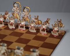 Mid-century Hand Carved Indian Chess Set with Original Carrying Case c. 1960s