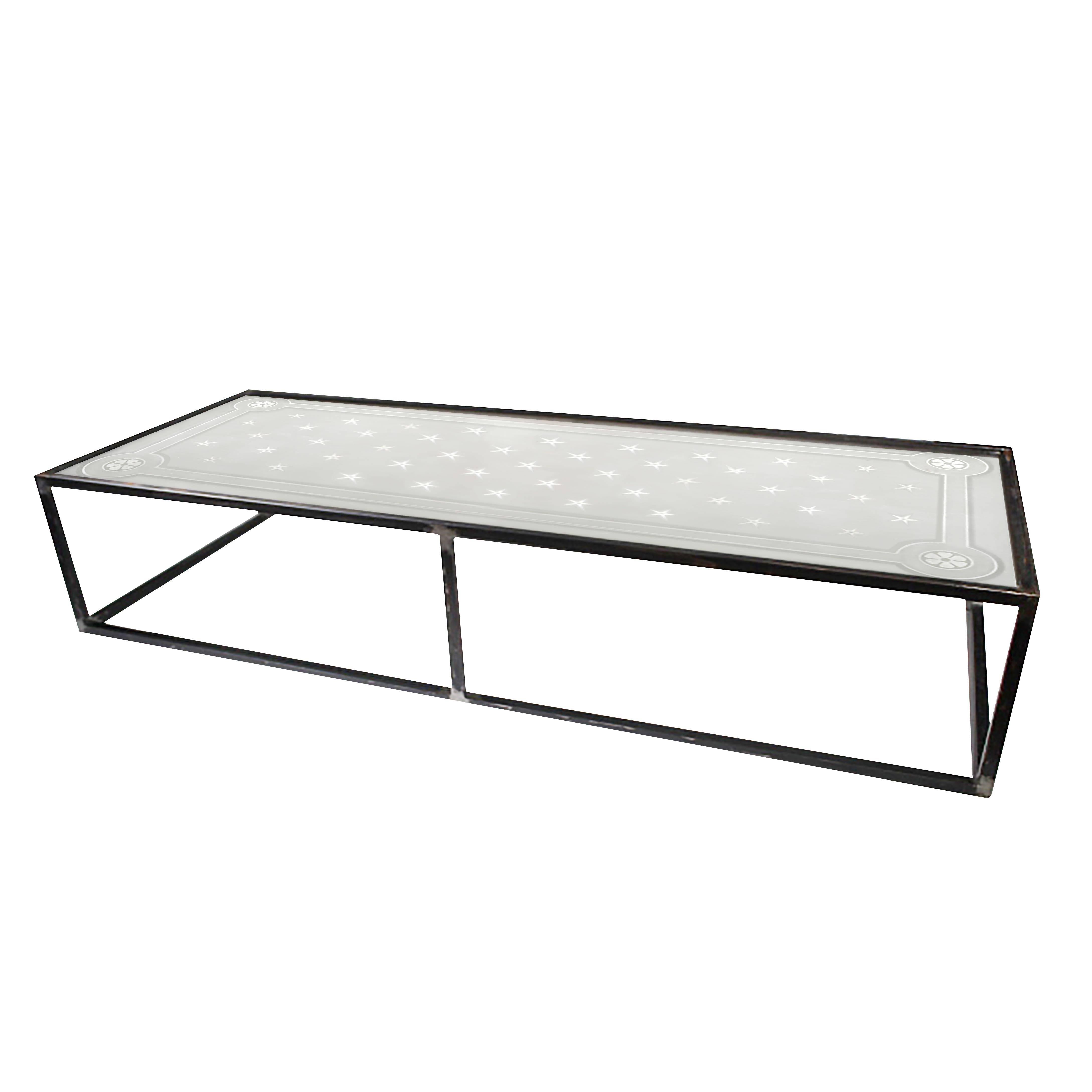 Antique Large Steel and Etched Glass Coffee Table c. 1900