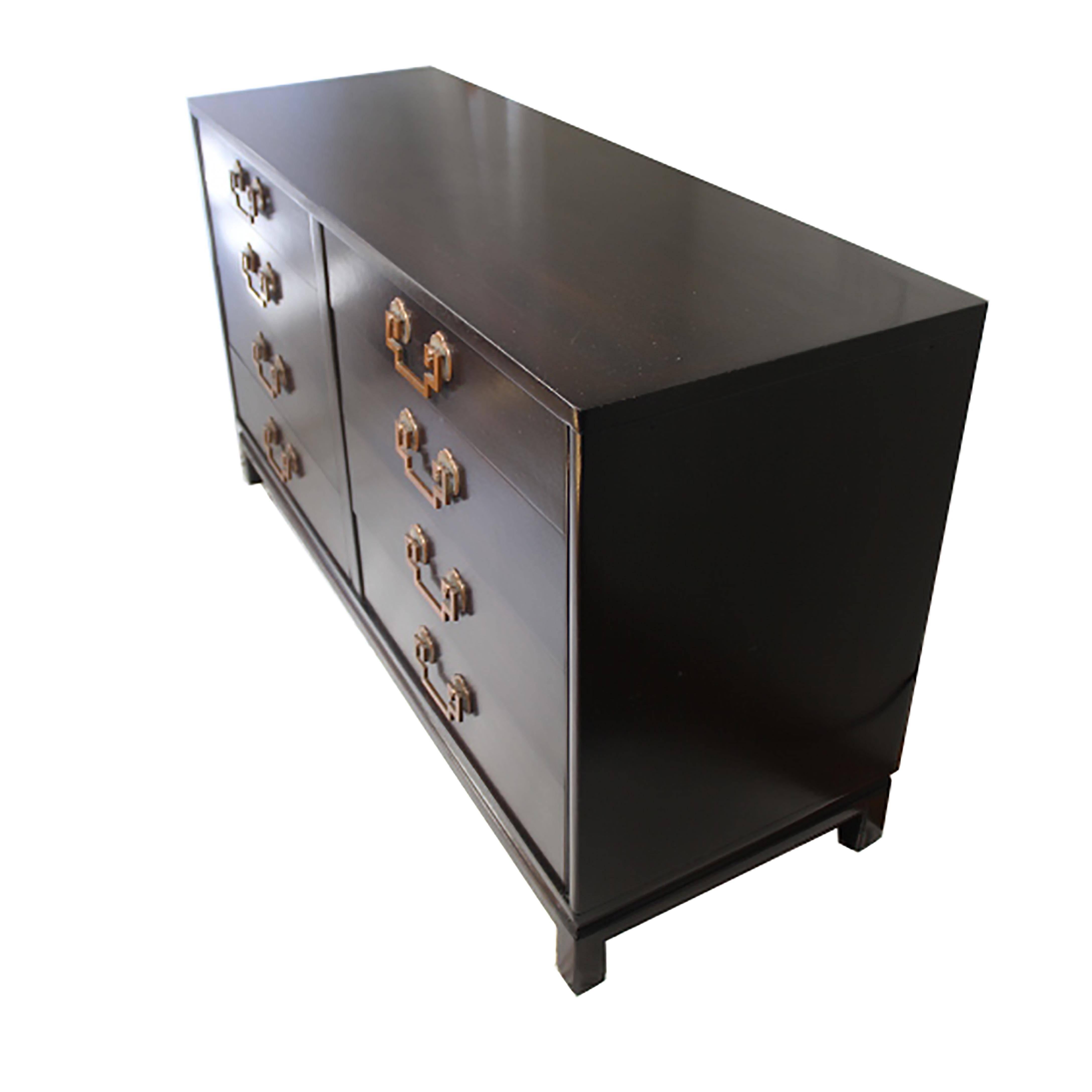 Mid-Century Modern Landstrom Furniture Ribbon-Mahogany and Brass Eight-Drawer Dresser