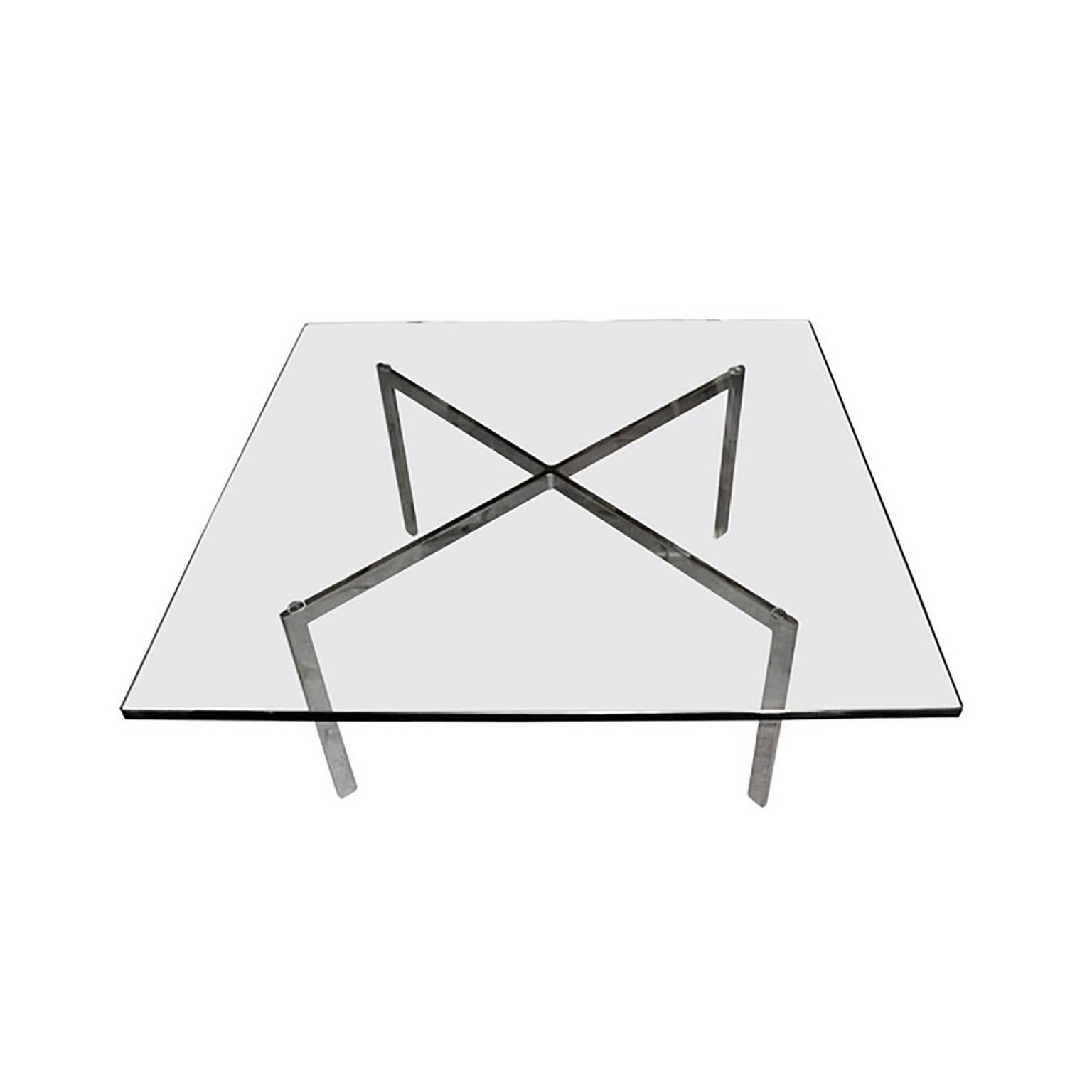 Barcelona coffee table by Mies van der Rohe for Knoll Productions. 
Stainless steel base marked "KP" underneath. 

Architect, furniture designer and educator, Ludwig Mies van der Rohe was a central figure in the advancement and promotion