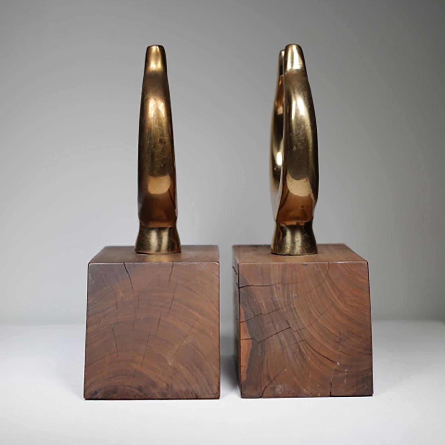 Mid-Century Modern Pair of Large Bookends, 19th Century Solid Brass Oar Locks Mounted on MCM Base