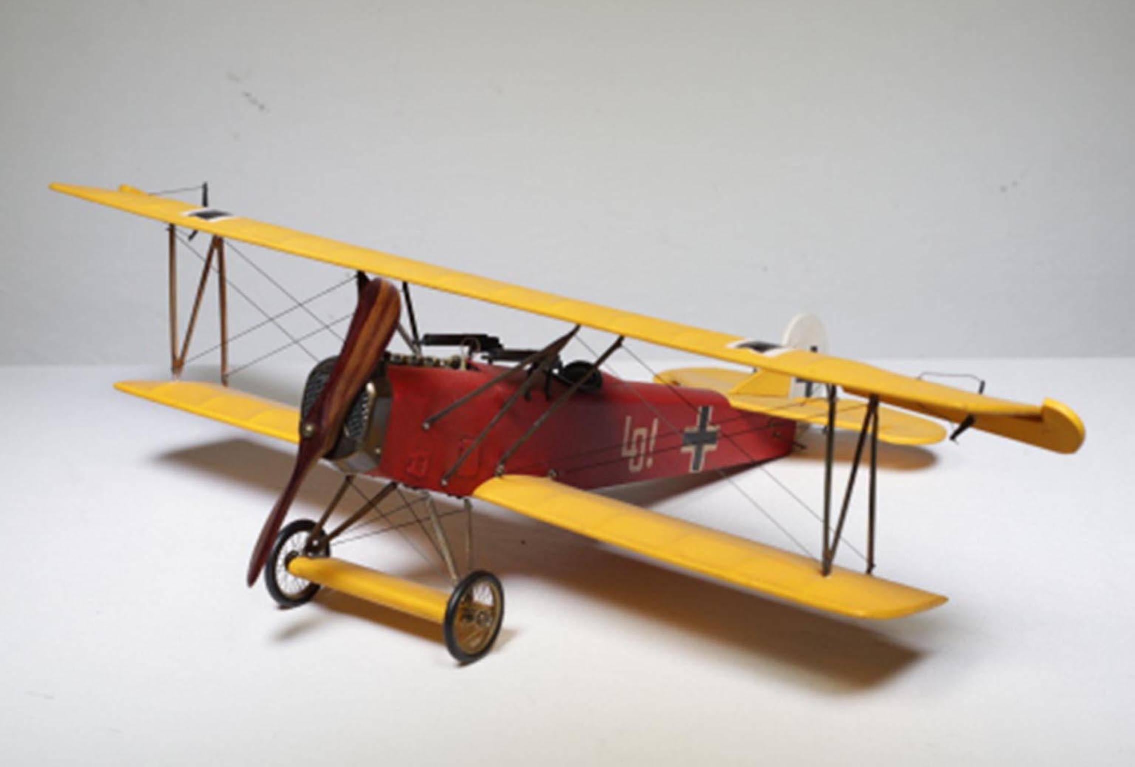 To scale model of an actual bi-plane with fabric wings, cloth seat, wooden propeller and detailed metal engine.
Fokker DVII - Germany's best aircraft of WW1.
