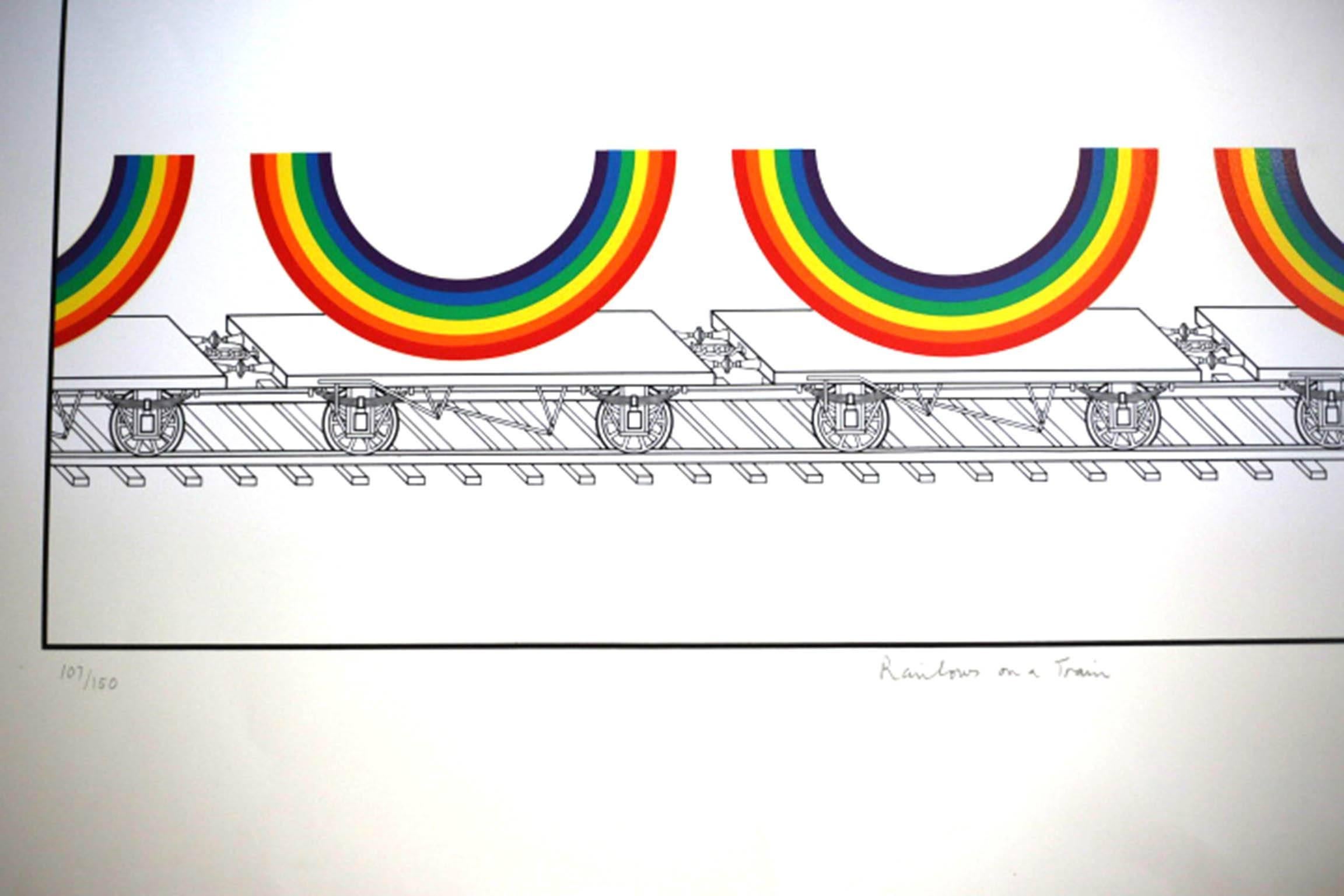 Artist: Patrick Hughes, British (1939)
Title: Rainbows on a Train
Year: 1980
Medium: Silkscreen, signed and numbered in pencil #107/150
Image: 20