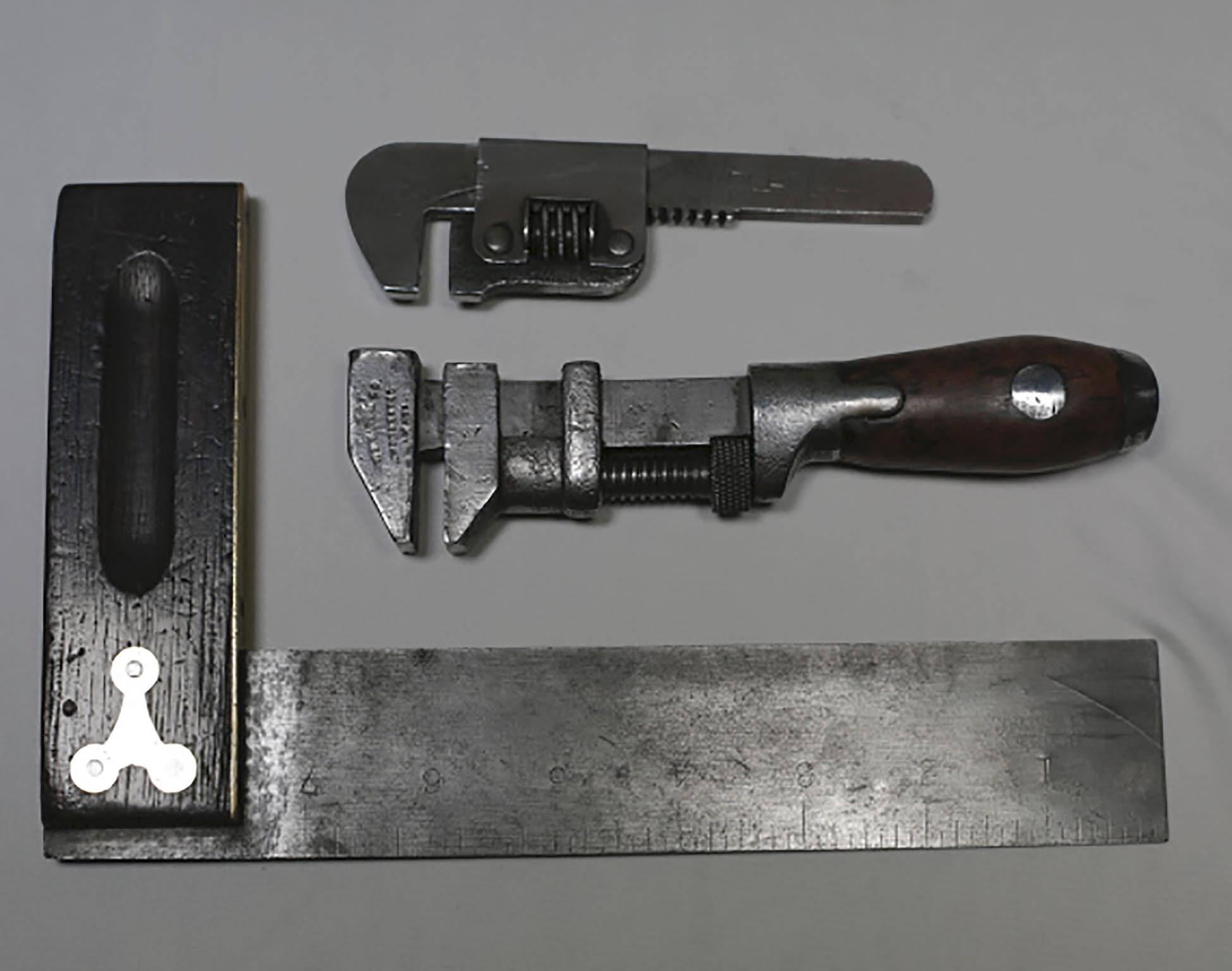 Collection of 3 vintage carbon steel tools, circa 1891-1940s:

Hammer: 13.5" 
Jeweler's Hammer: 6" (SOLD)
Wakefield adjustable Wrench: 5"
E. Coe's adjustable monkey wrench with wooden handle circa 1891: 6.5" (SOLD
Rosewood and