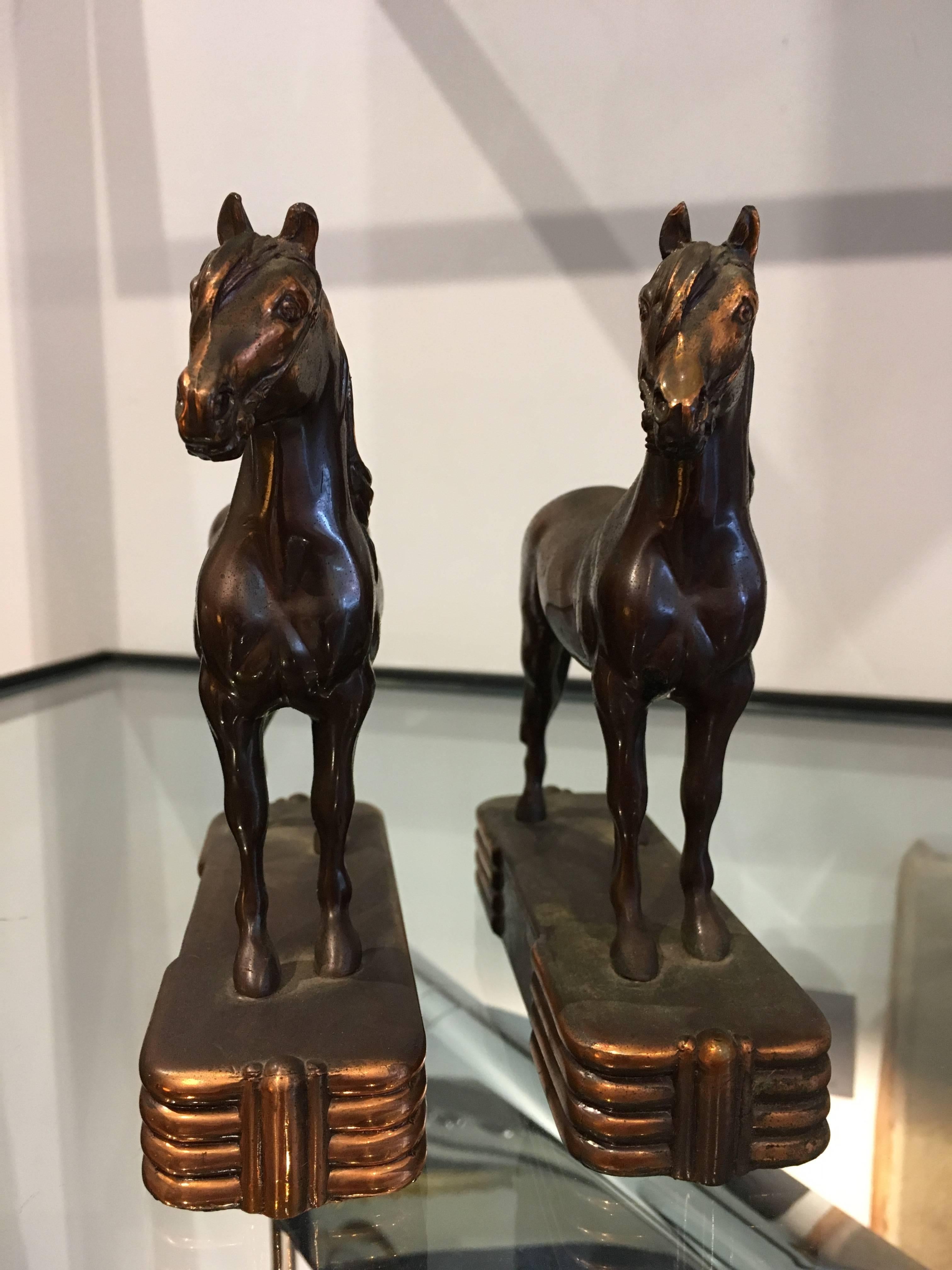 Solid Bronze and Copper Horse Bookends by Dodge Inc., circa 1930s In Excellent Condition In San Francisco, CA