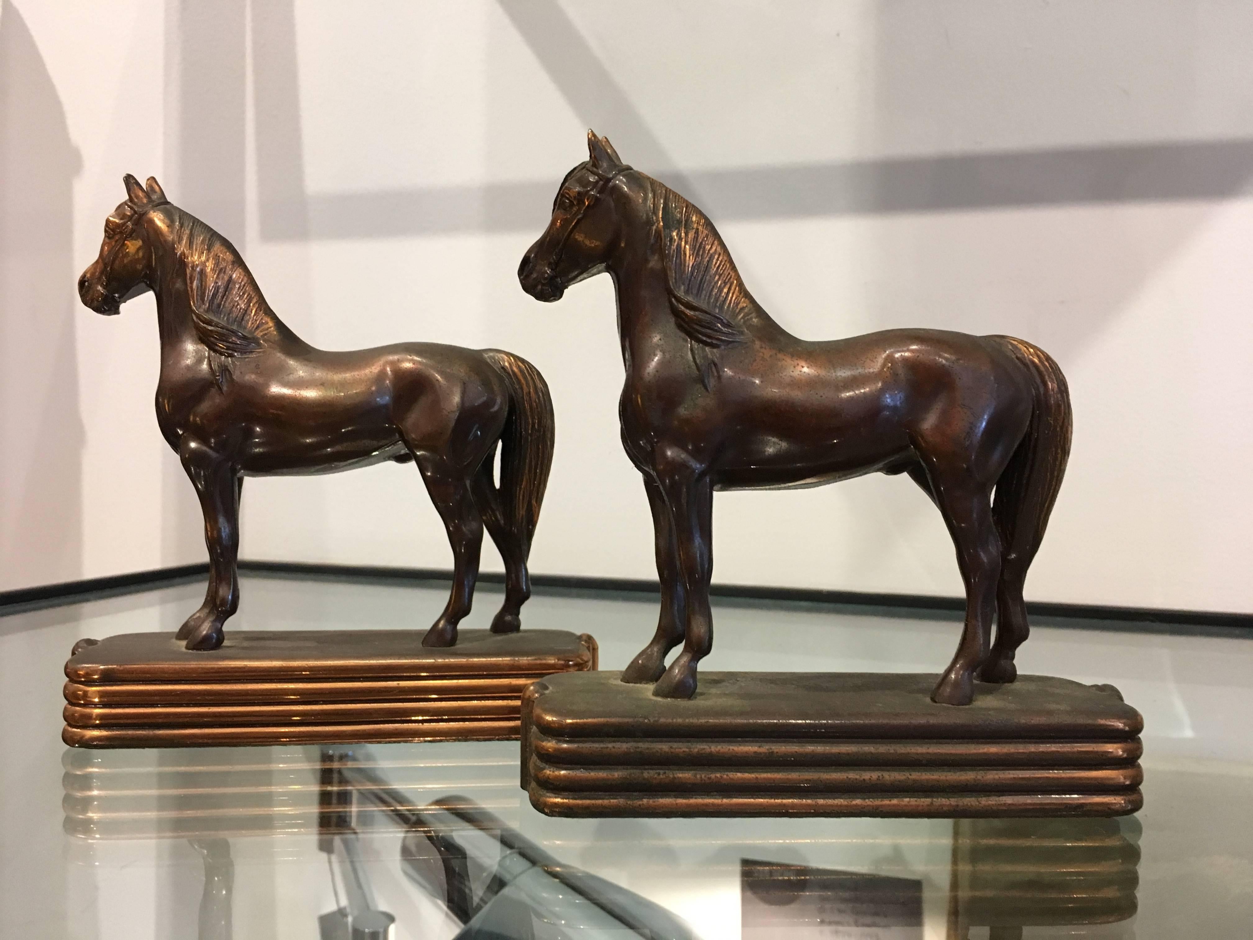 Art Deco Solid Bronze and Copper Horse Bookends by Dodge Inc., circa 1930s