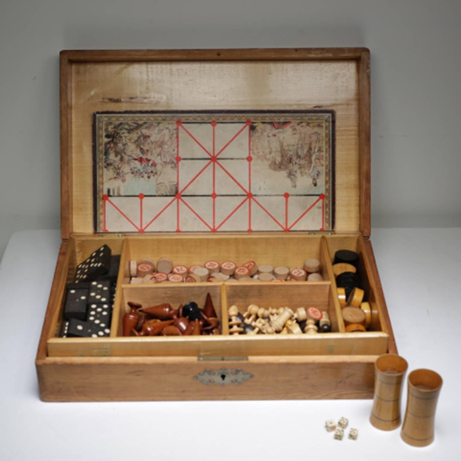 Victorian Turn of the Century Game Box 'Chess, Checkers, Asalto, Lotto and Dominos'