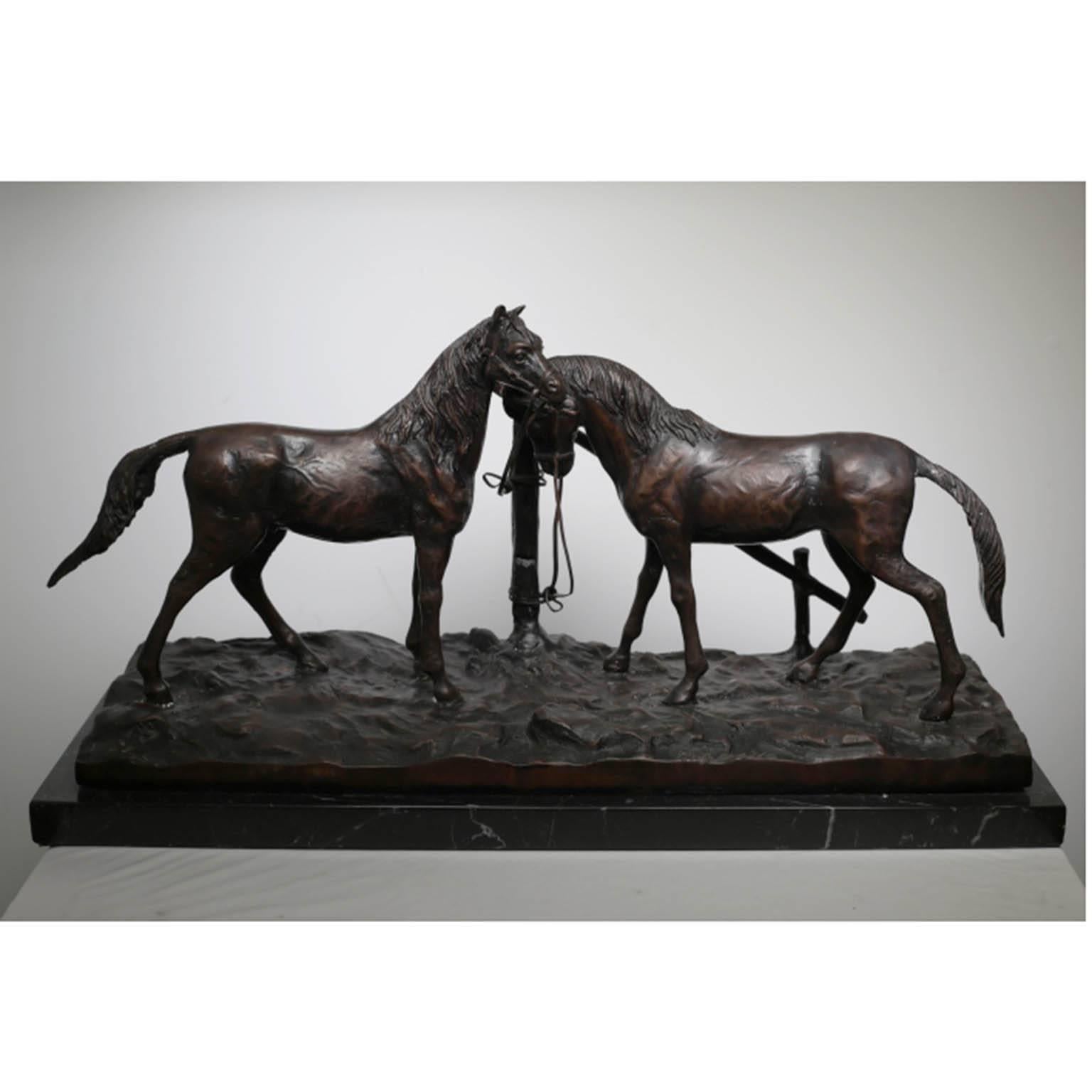 Bronze horse sculpture in the style of Pierre Jules Mene, who was a French sculptor and animalière. He is considered one of the pioneers of animal sculpture in the 19th century. Although this piece is signed, it was determined that it not Mene but
