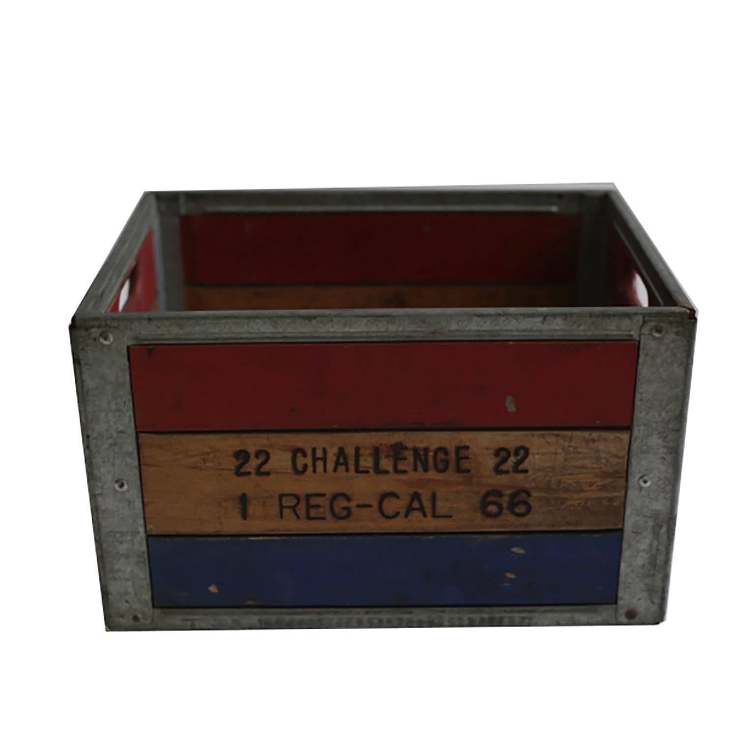 Very sturdy painted wood and steel milk crate.