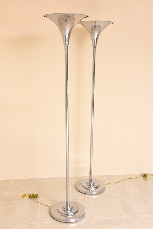 Pair of American Art Deco Style Nickel-Plated Torcheres, Marbro Lamp Company 1