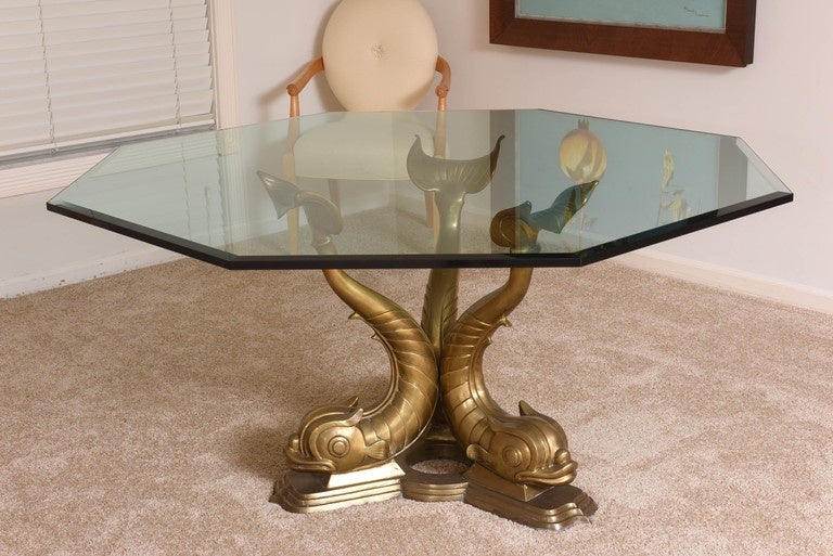 20th Century Hollywood-Regency Style Octagonal Glass Dining Table with Dolphin Base