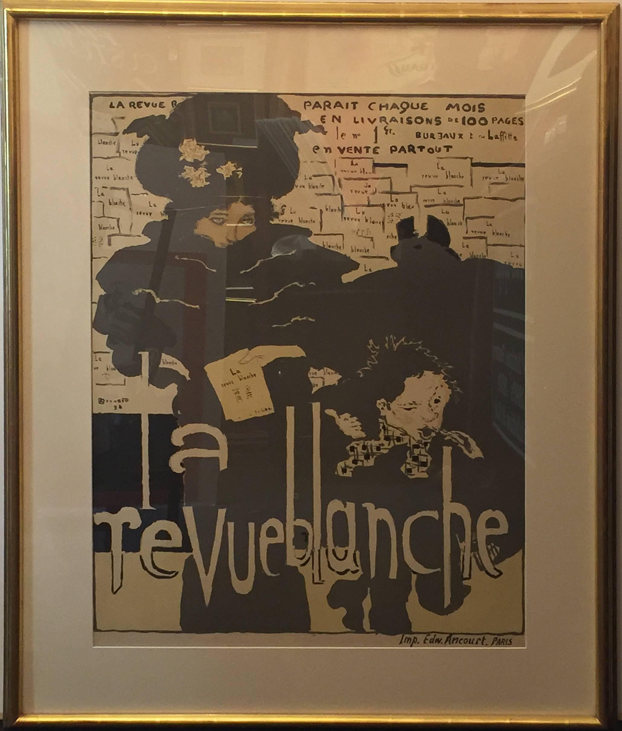 This is a French Art Nouveau period poster by Pierre Bonnard advertising the monthly publication La Revue Blanche. This stone lithograph features a monochromatic color scheme of grays and off-whites and deformed shapes and figures that looks forward